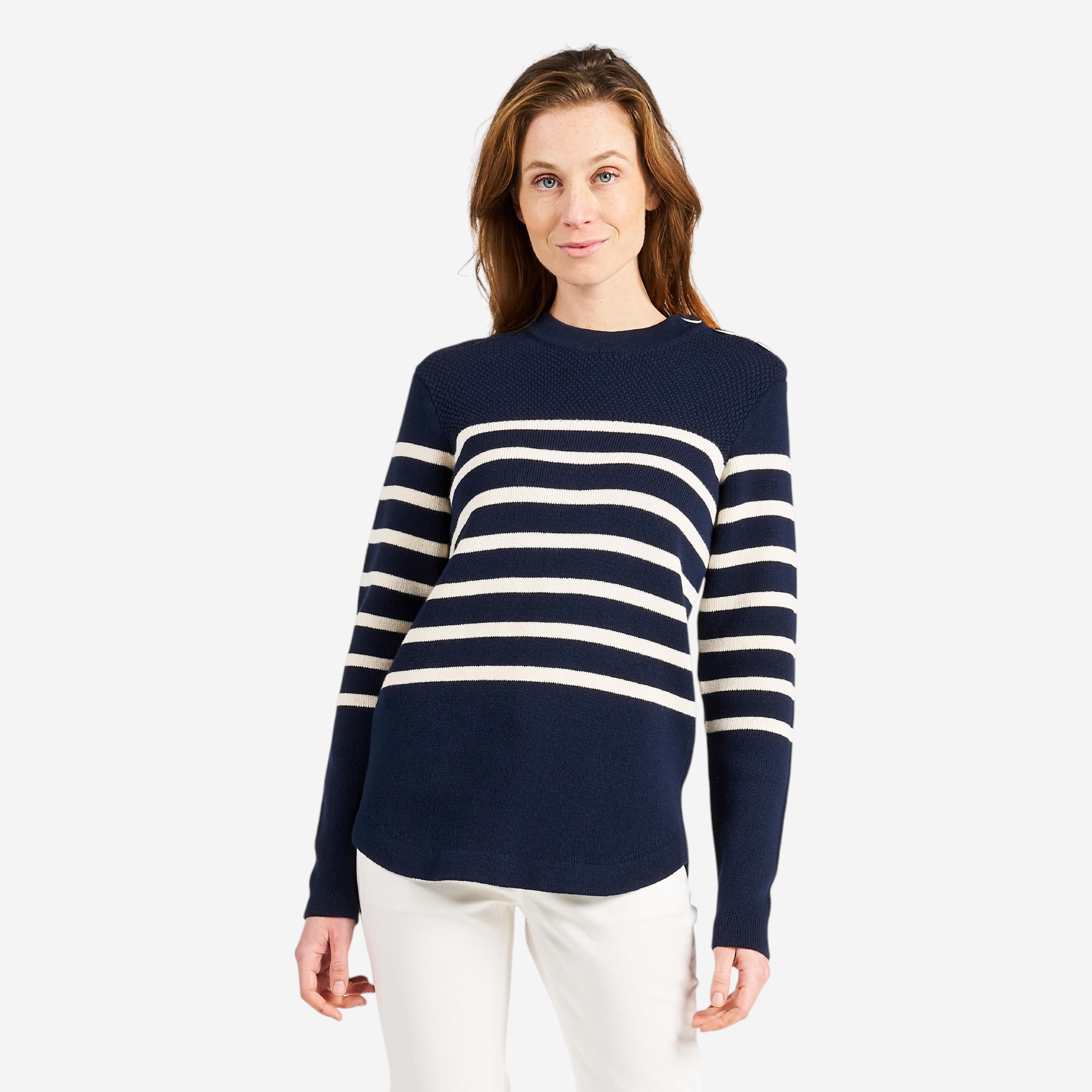 Segelpullover Damen gestrickt 100 marineblau/beige gestreift