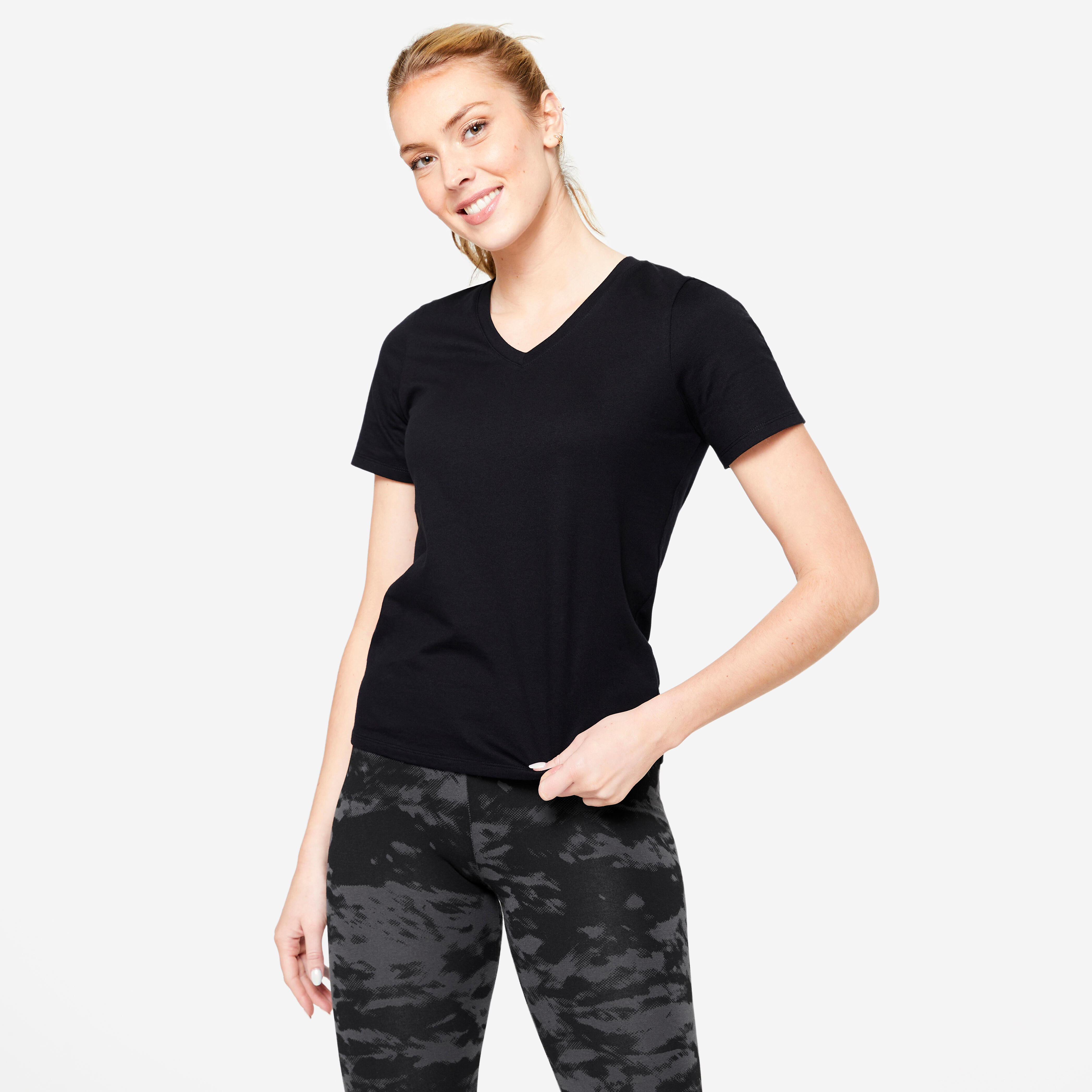 T-Shirt Damen V-Ausschnitt Baumwolle - schwarz