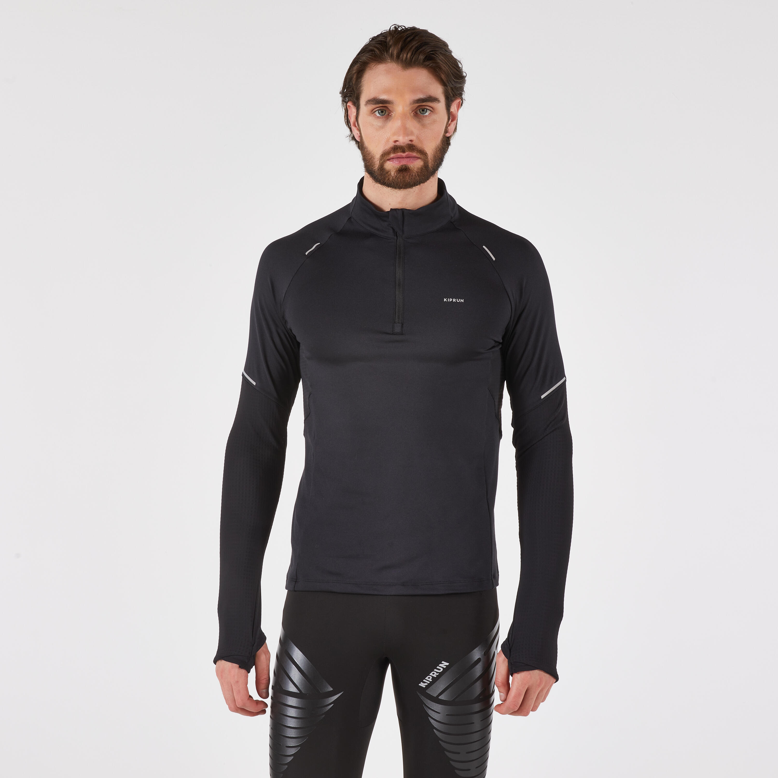 Laufshirt langarm Herren halber Reißverschluss - Run 500 Warm schwarz