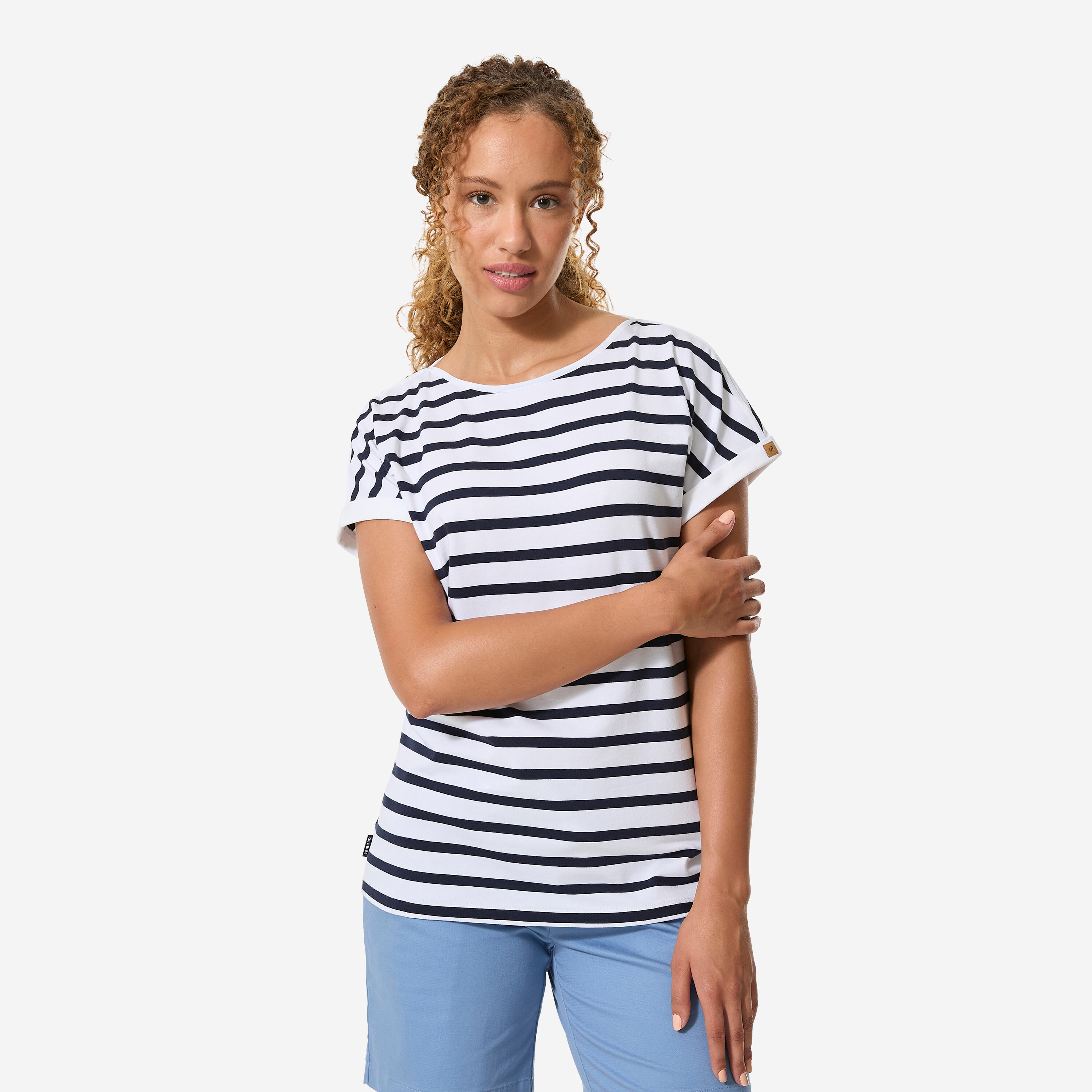 Segelshirt kurzarm Damen 100 weiß/marineblau