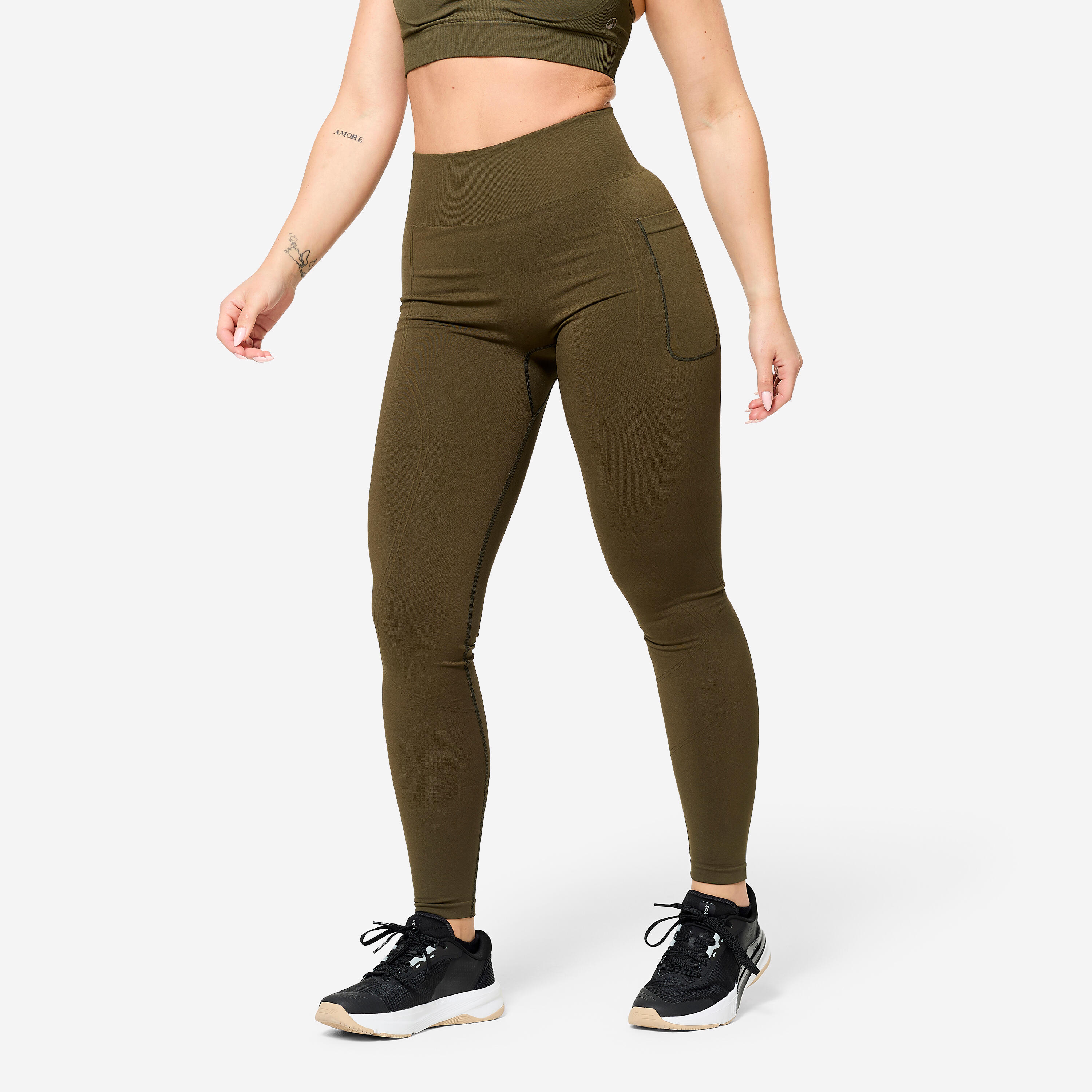 Leggings Damen nahtlos hoher Taillenbund Push-up-Effekt - khaki