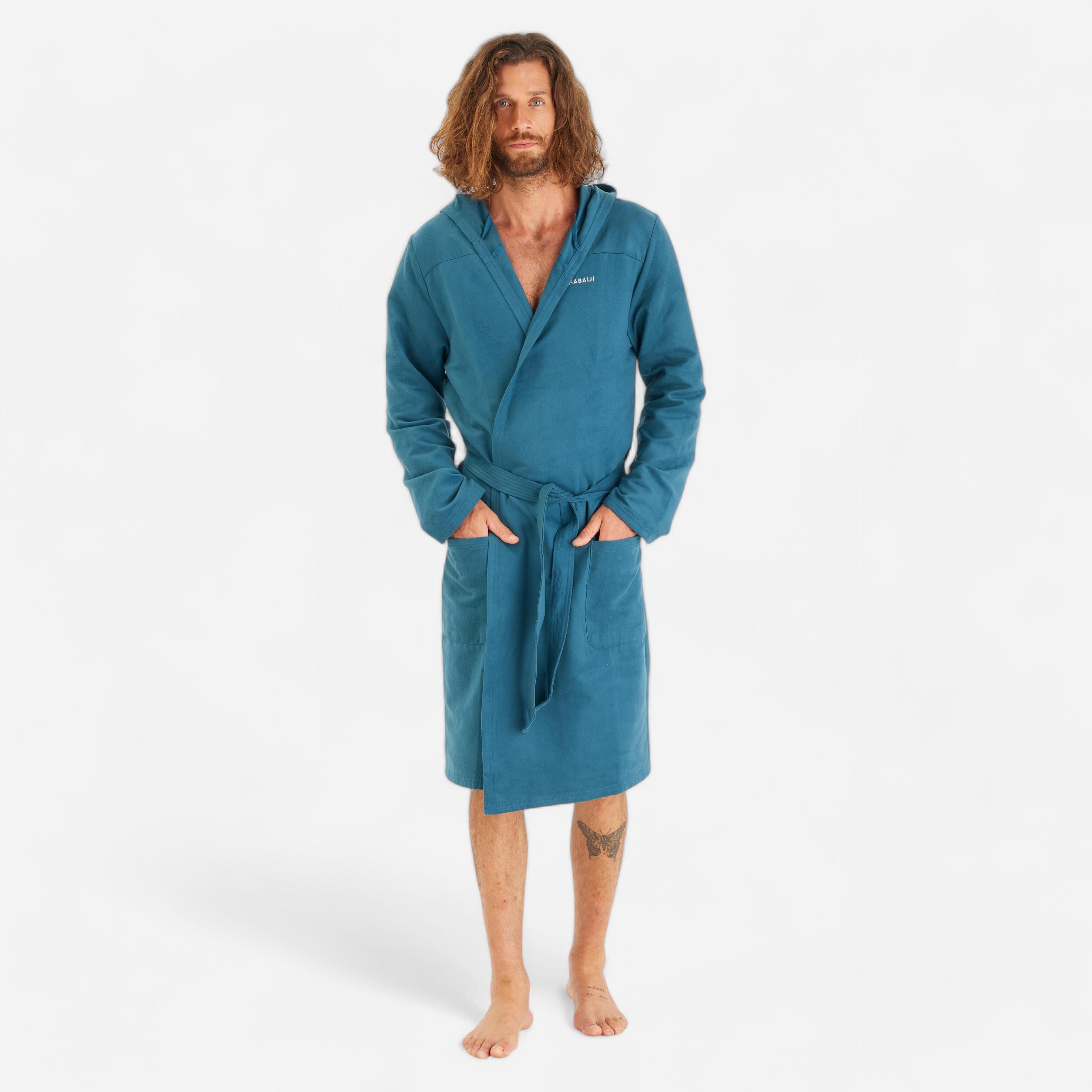 Bademantel Herren Mikrofaser Kapuze kompakt - blau