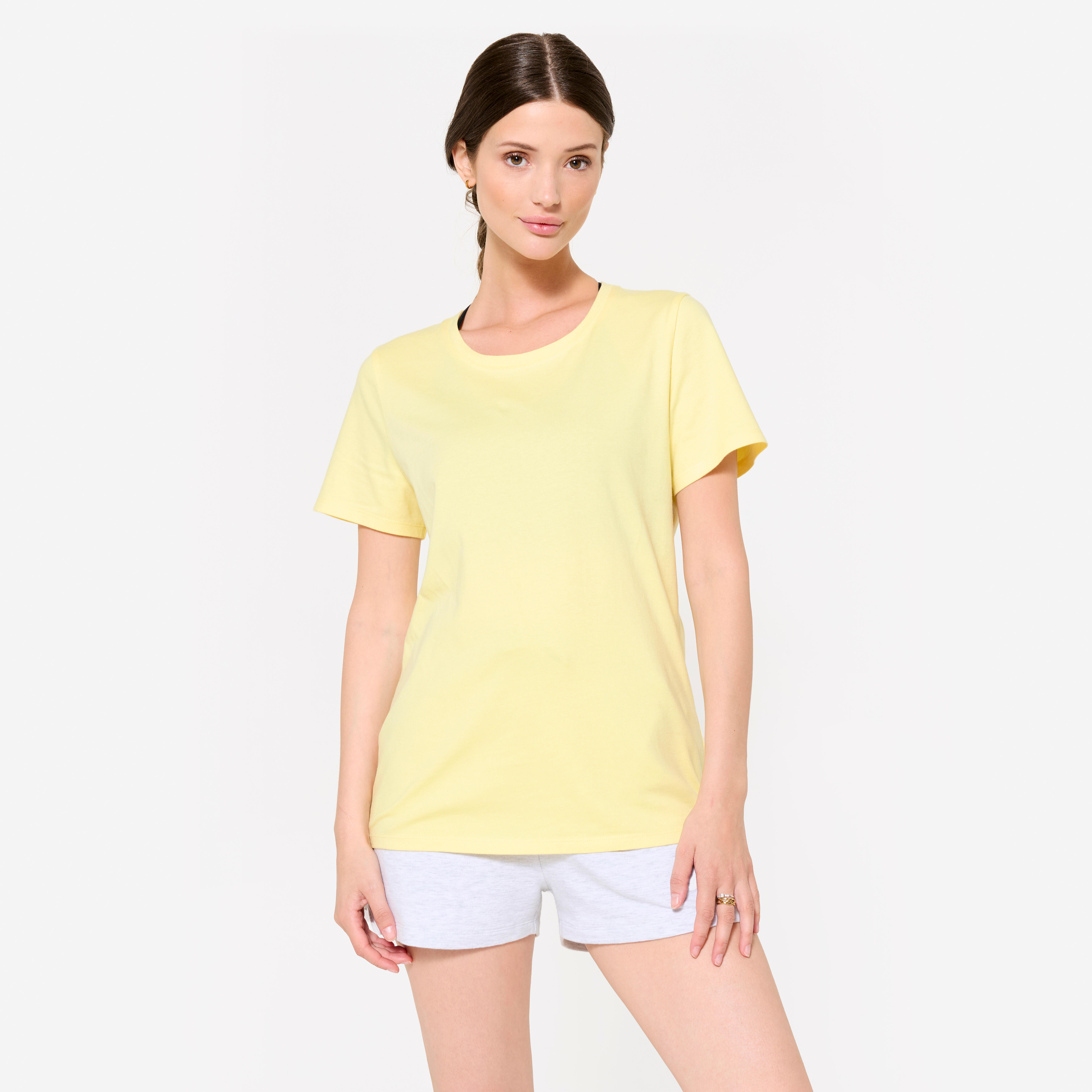 T-Shirt Damen Baumwolle Rundhals - blassgelb