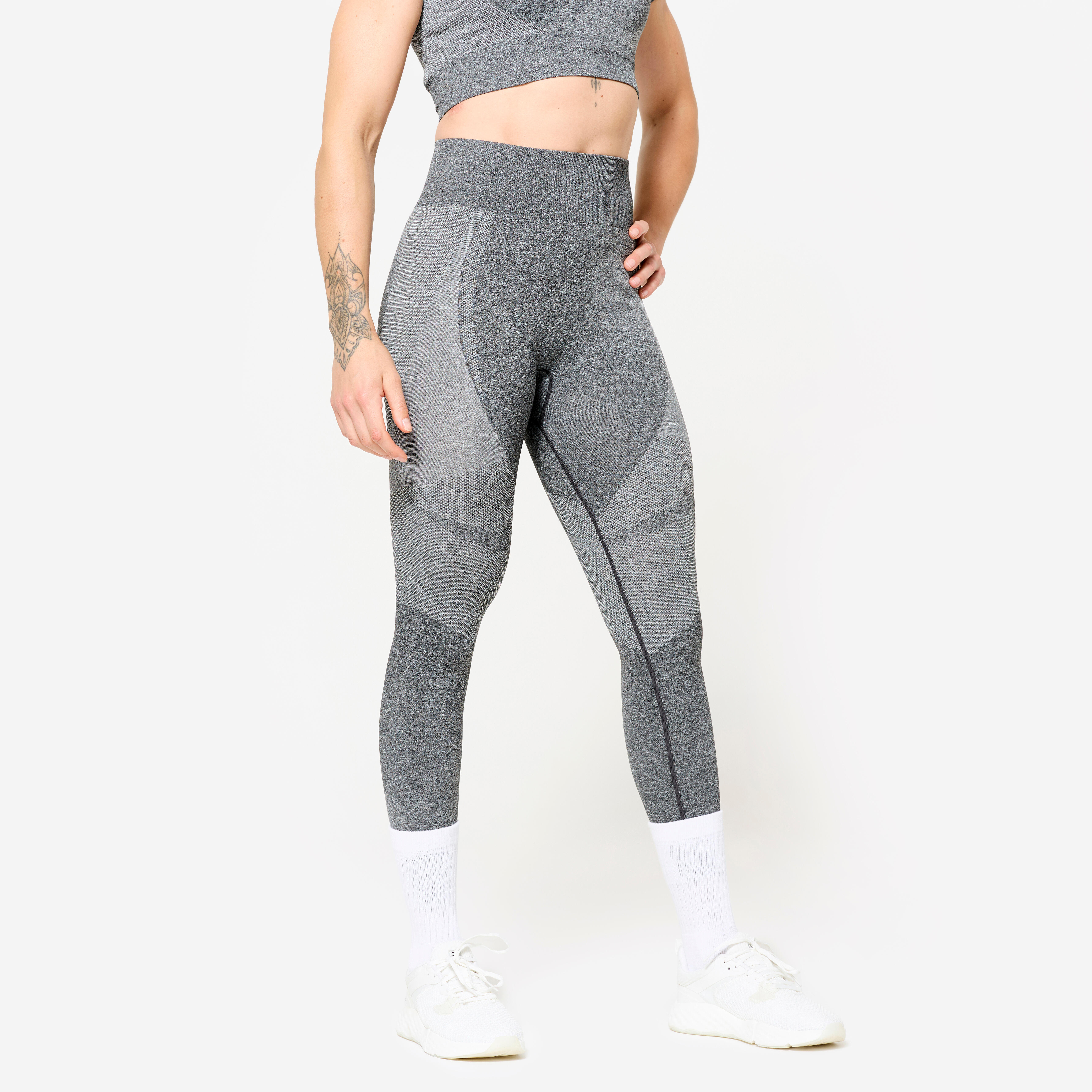 Leggings mit hoher Taille und Smartphonetasche Fitness seamless Damen - grau