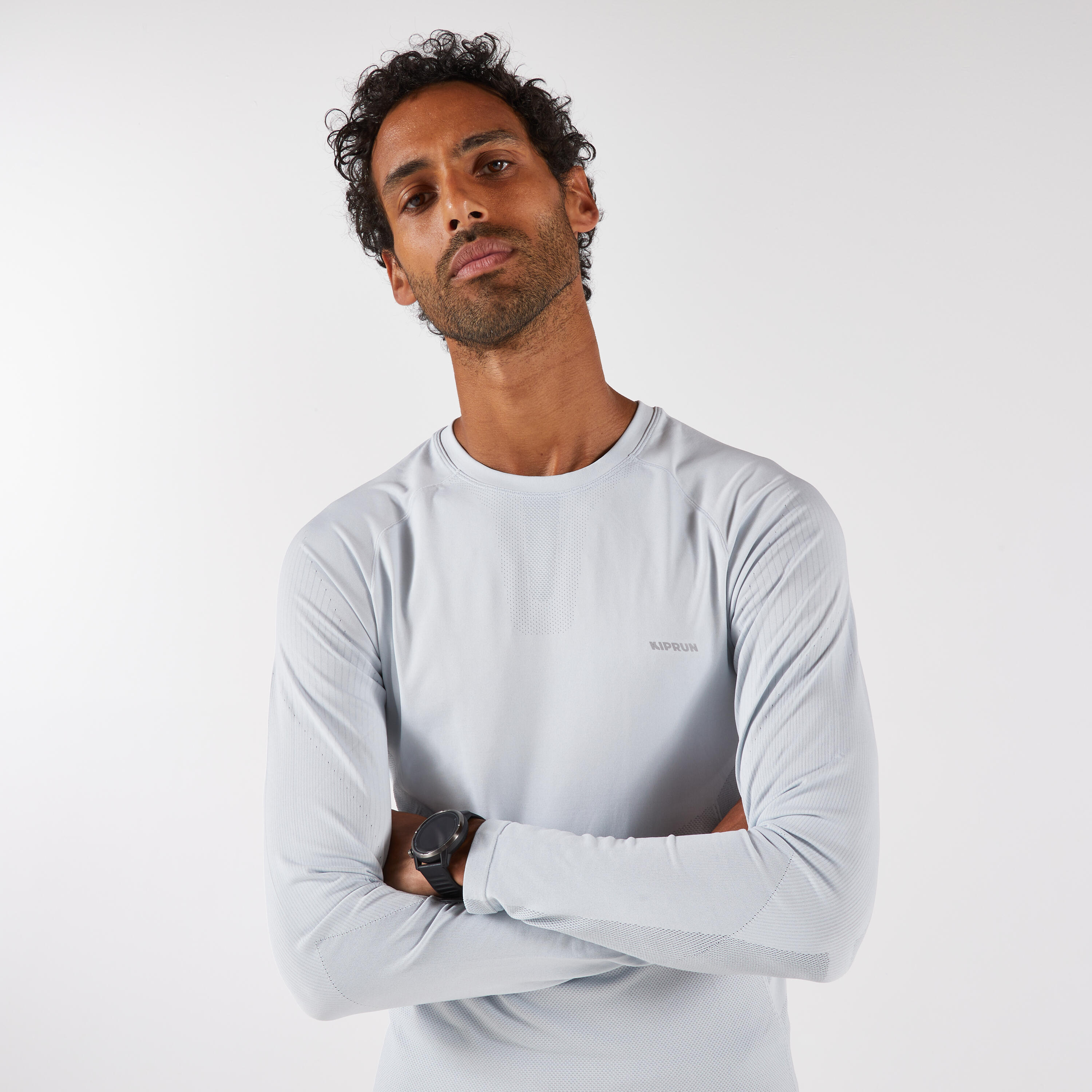 Laufshirt langarm Herren nahtlos - Run 500 hellgrau