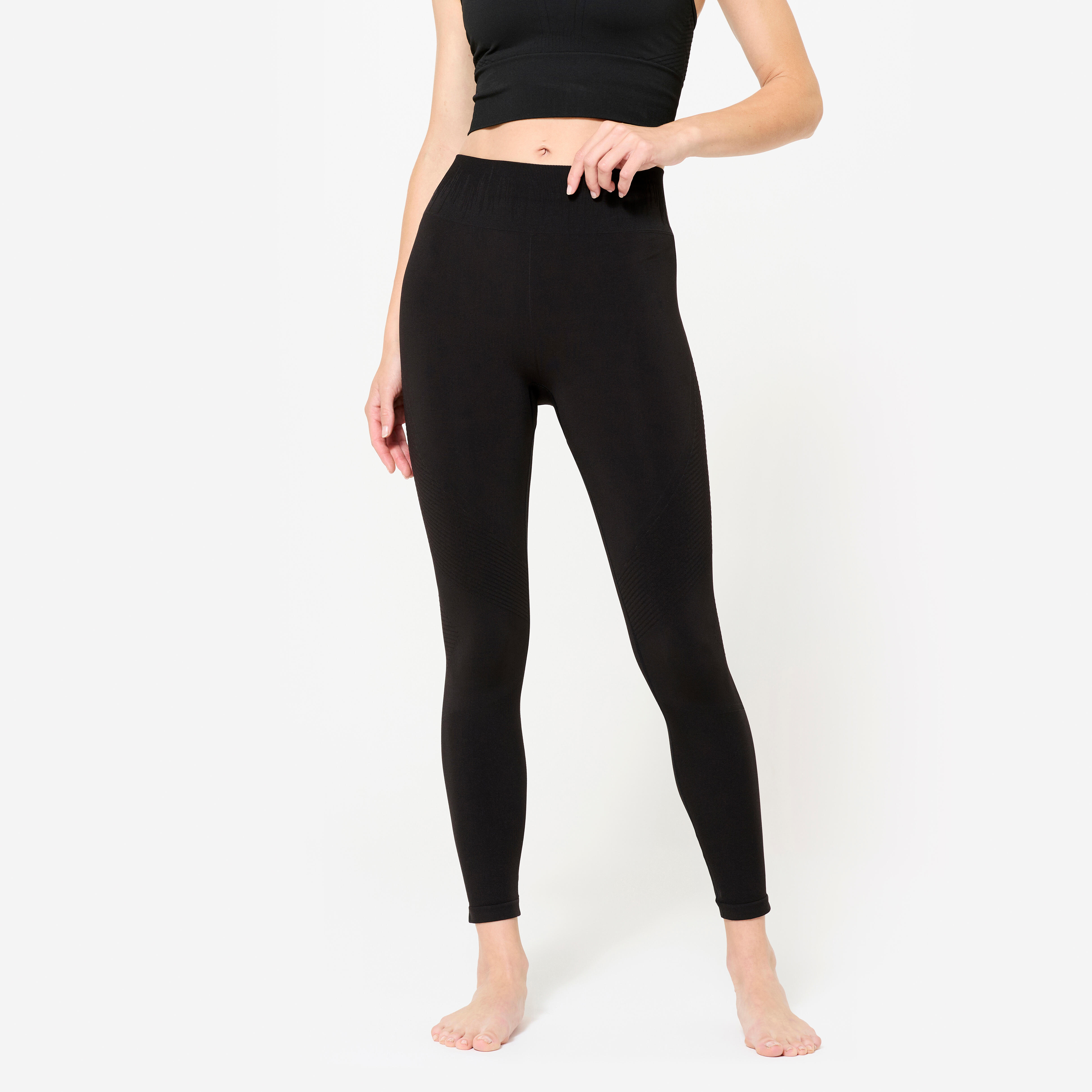 Yogaleggings Damen Zweite-Haut-Effekt hoher Bund - graphitschwarz