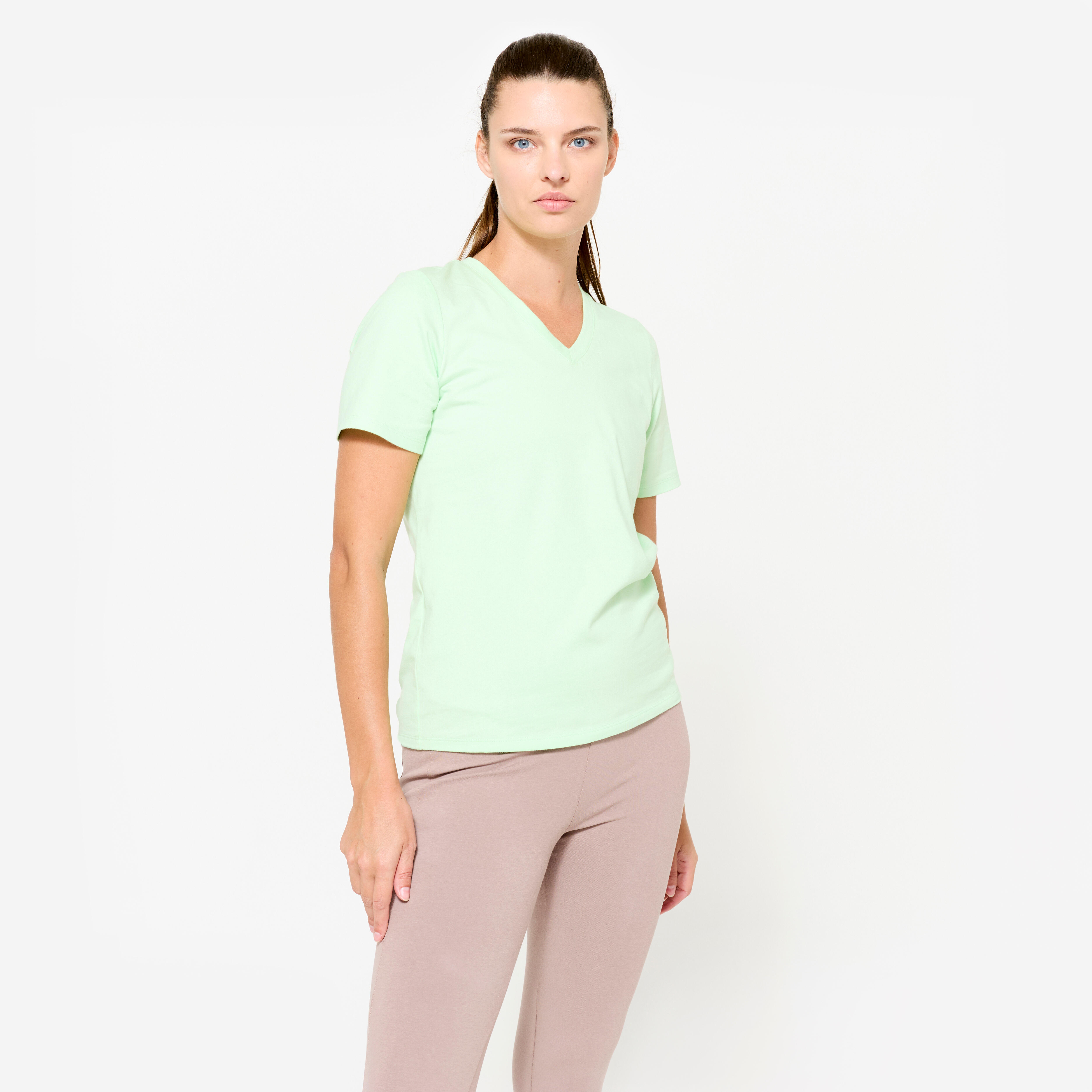 T-Shirt Damen V-Ausschnitt Baumwolle - pastellgrün
