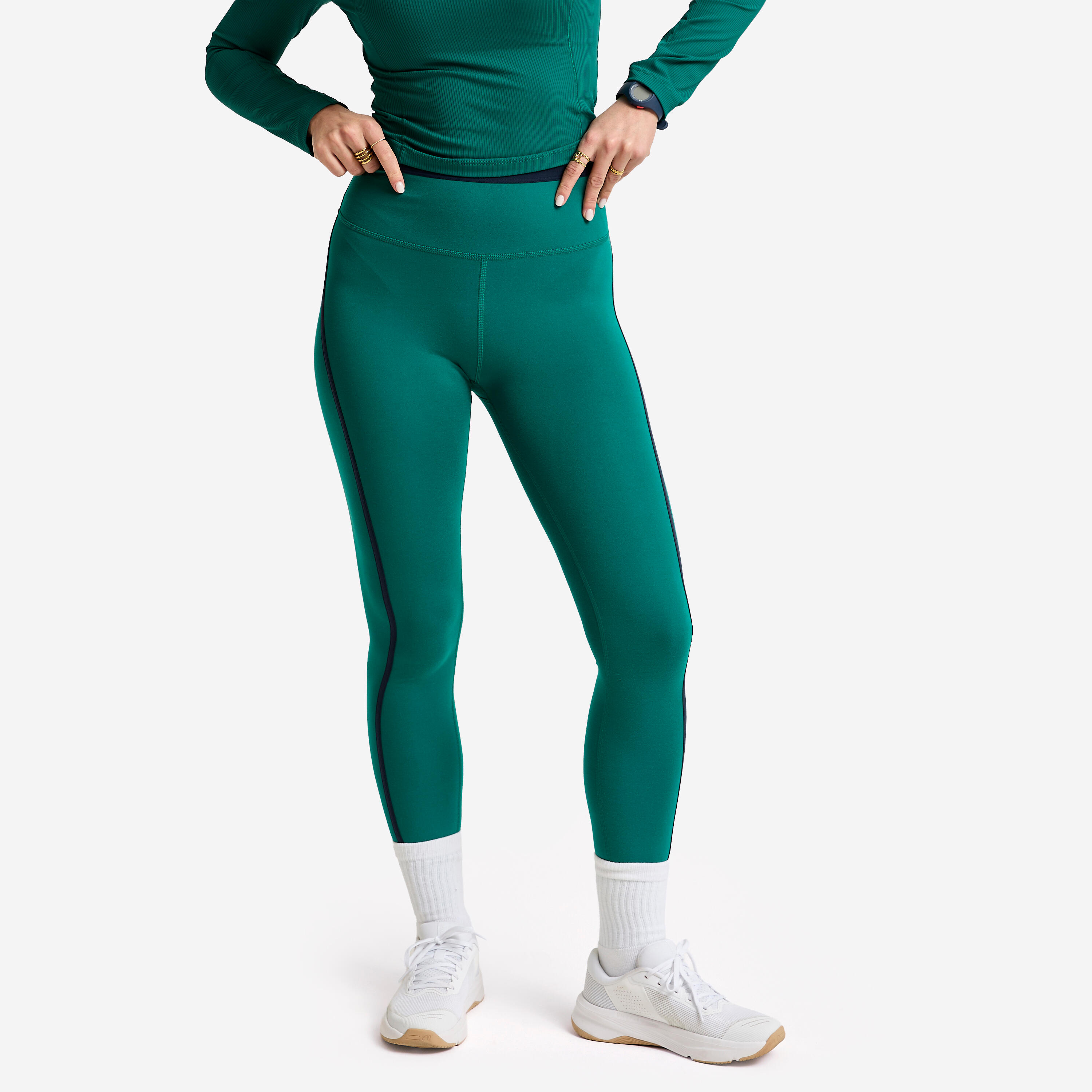 Leggings Damen hoher Bund Streifen - dunkelgrün