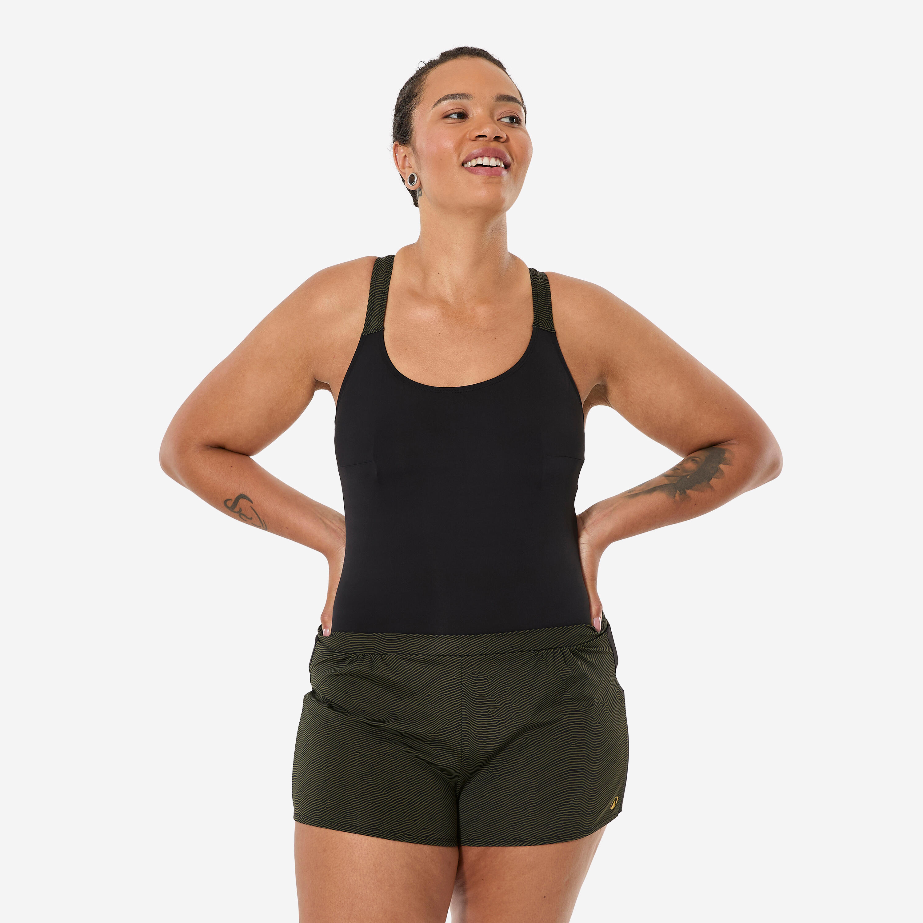 Badeanzug Shorty Aquagym Damen weit - Sofi Sono schwarz/khaki