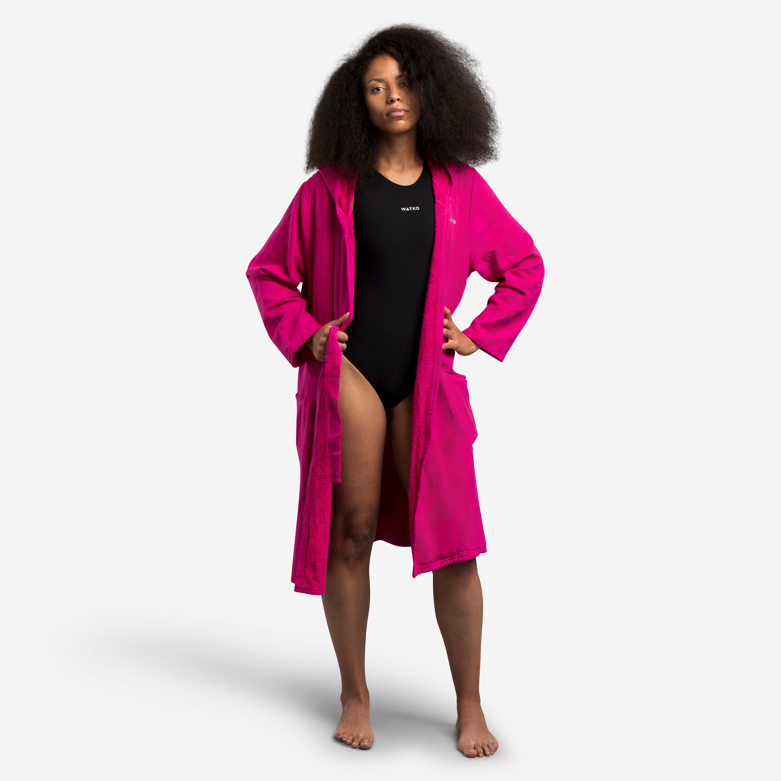 Bademantel Baumwolle Damen kompakt Kapuze - rosa