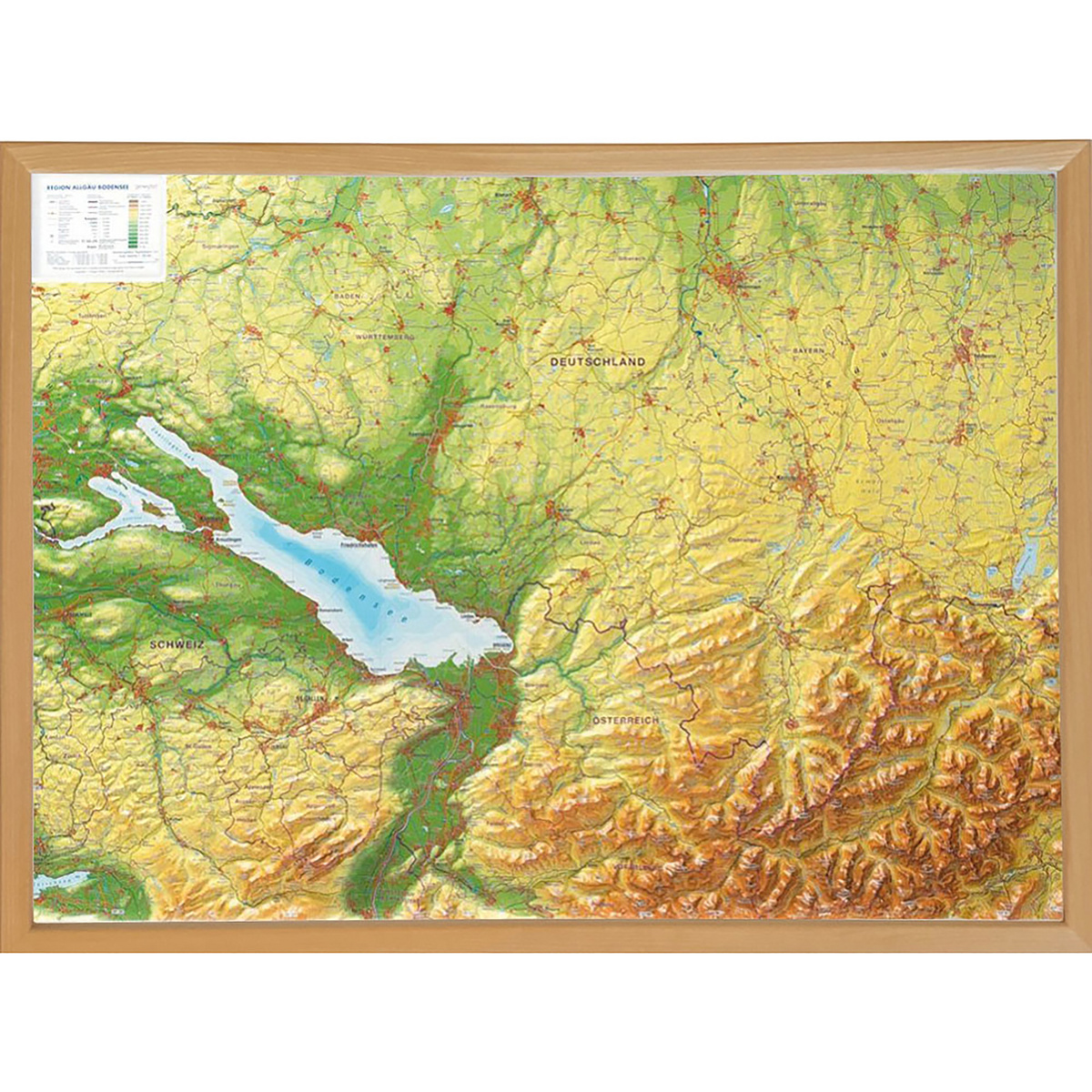 Georelief 3D Reliefkarte Allgäu Bodensee mit Holzrahmen
