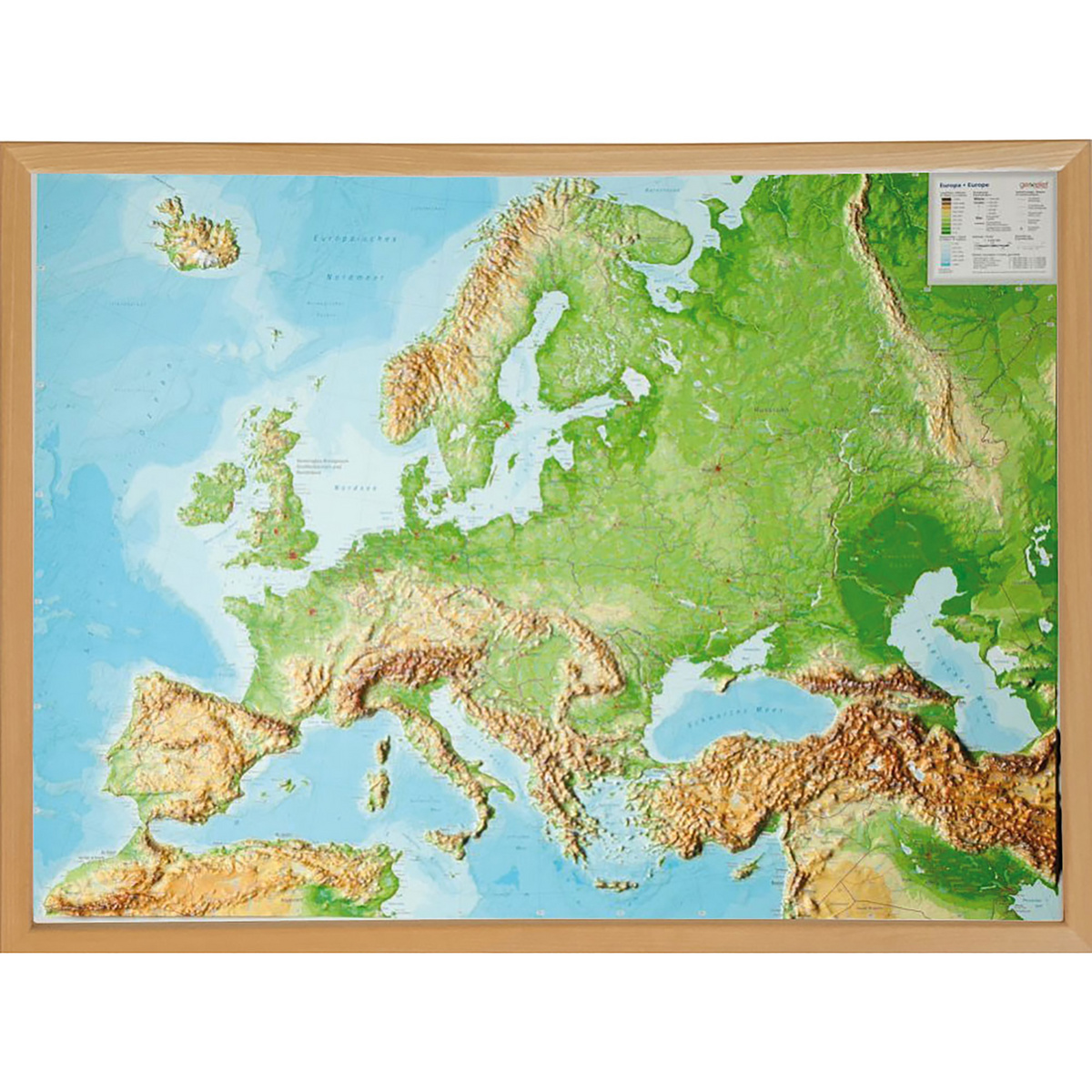 Georelief 3D Reliefkarte Europa mit Holzrahmen