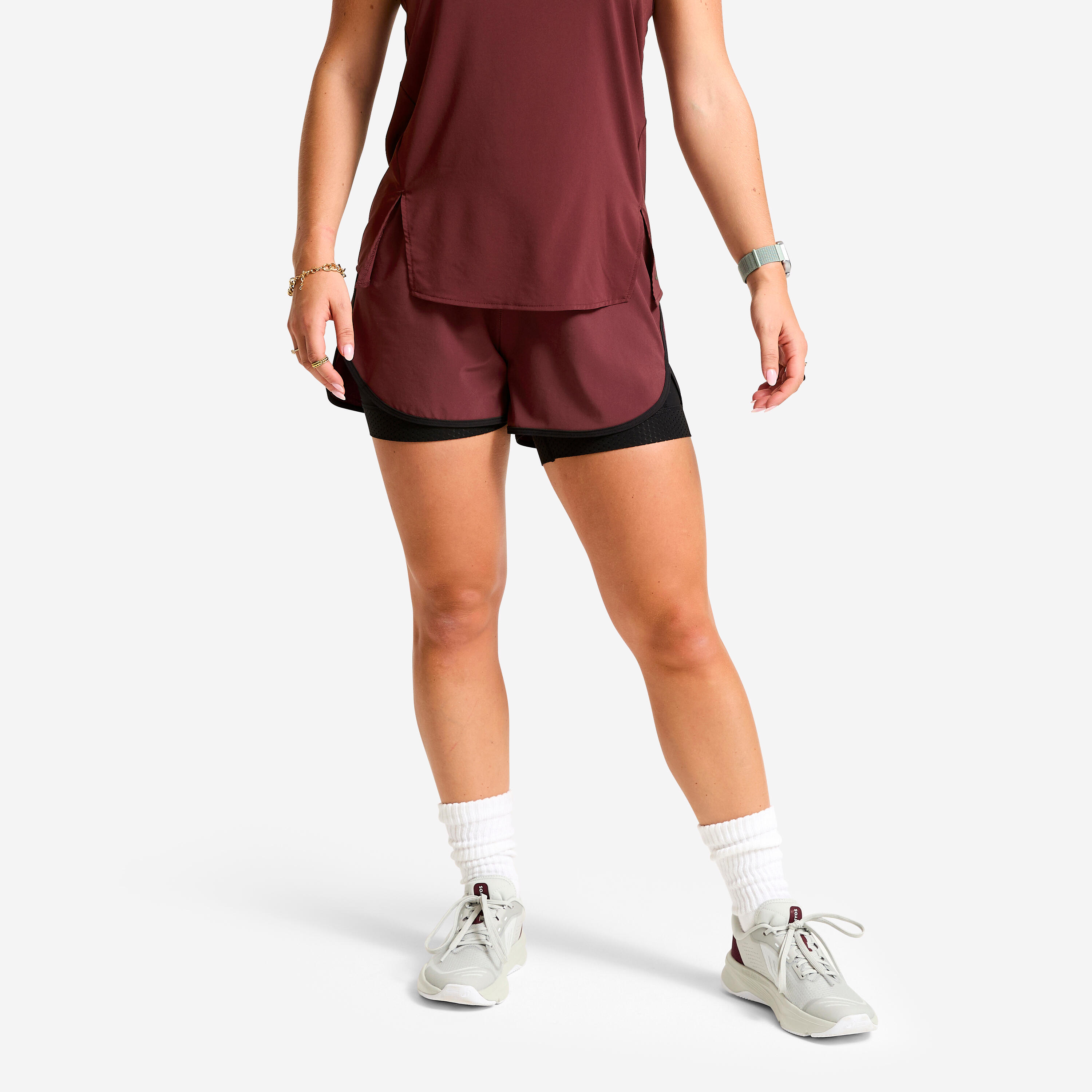 2-in-1 Shorts Damen - bordeaux/schwarz
