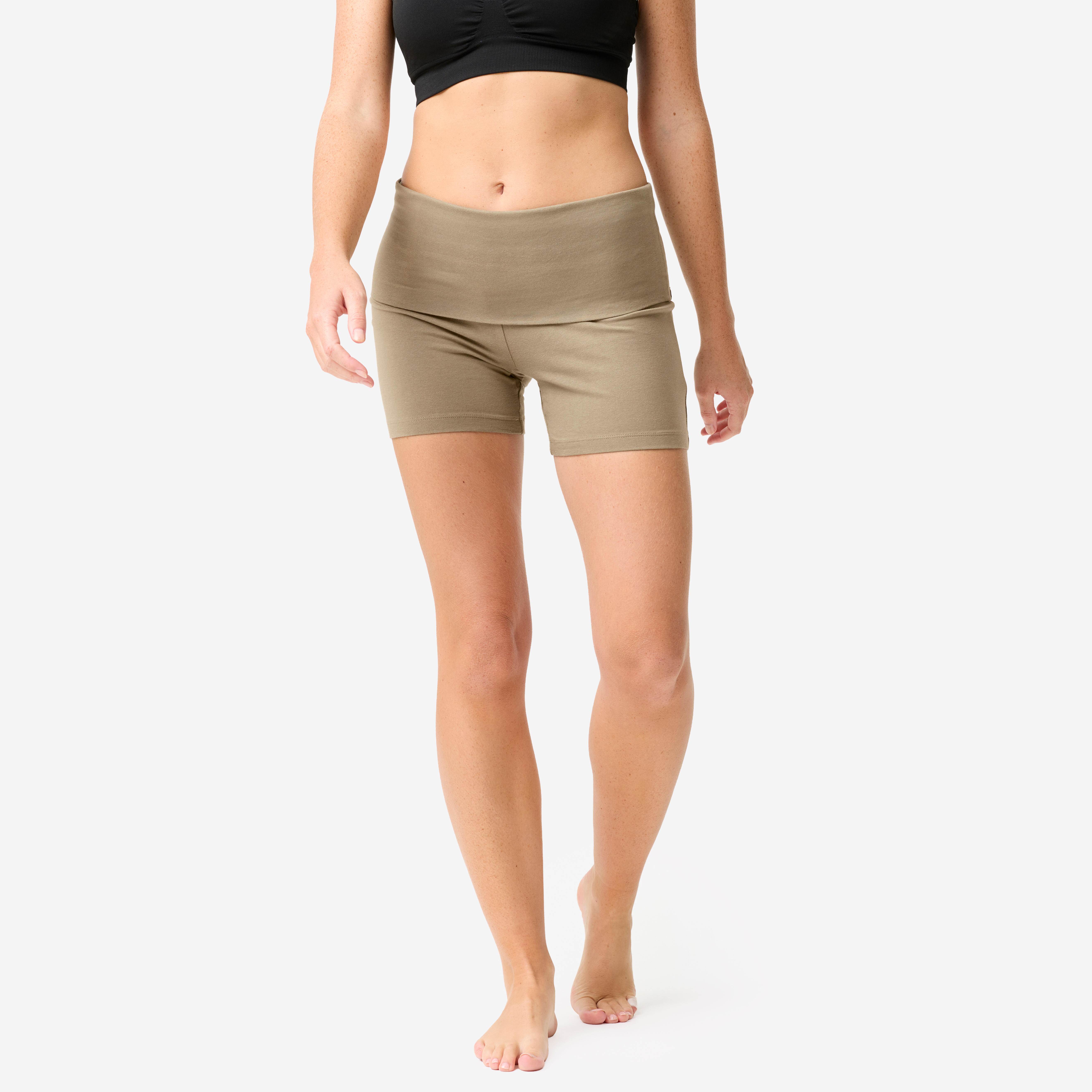 Yogashorts Damen hoher Bund – lehmbraun