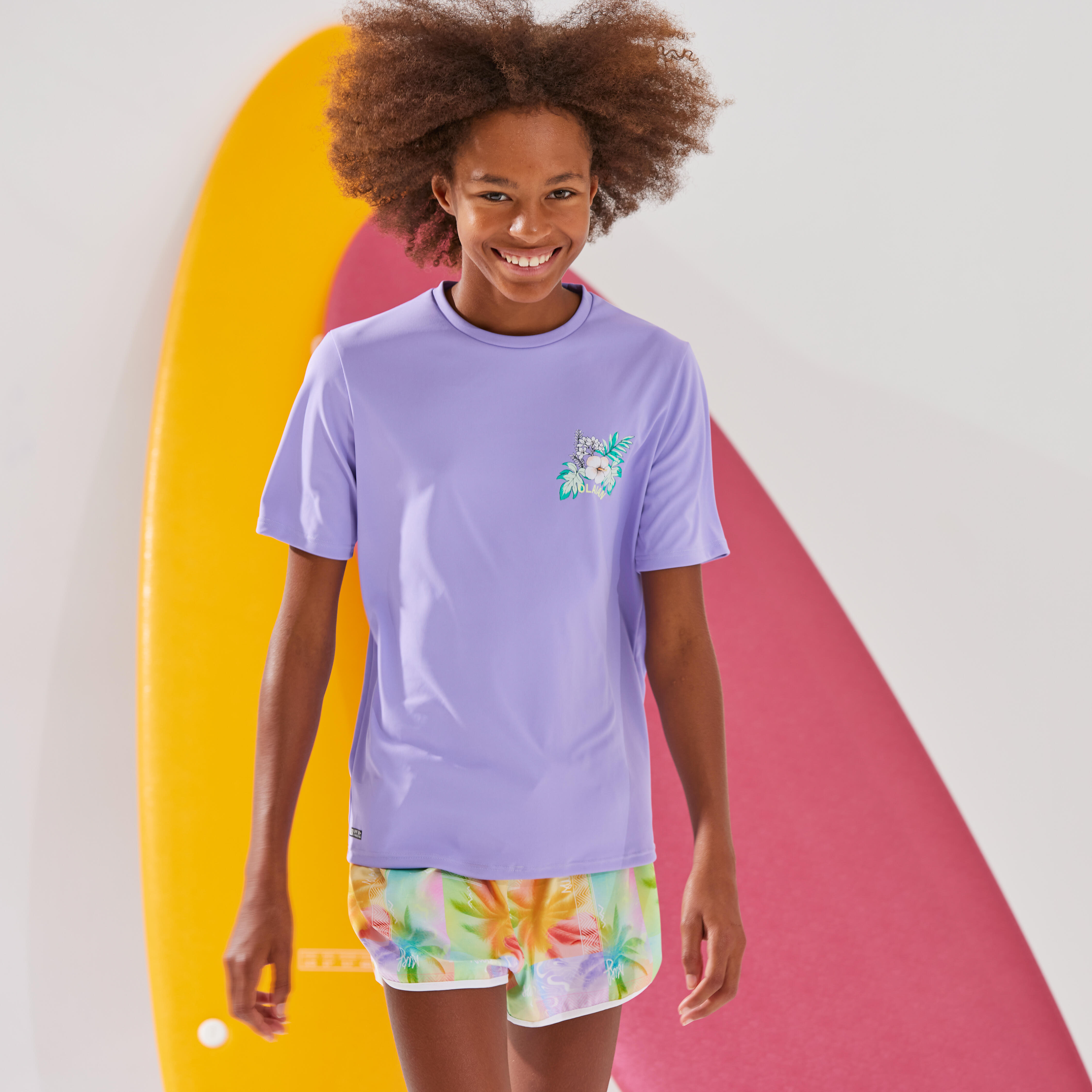 UV-Shirt Surfen Kinder kurzarm 100 Ibiscus lila