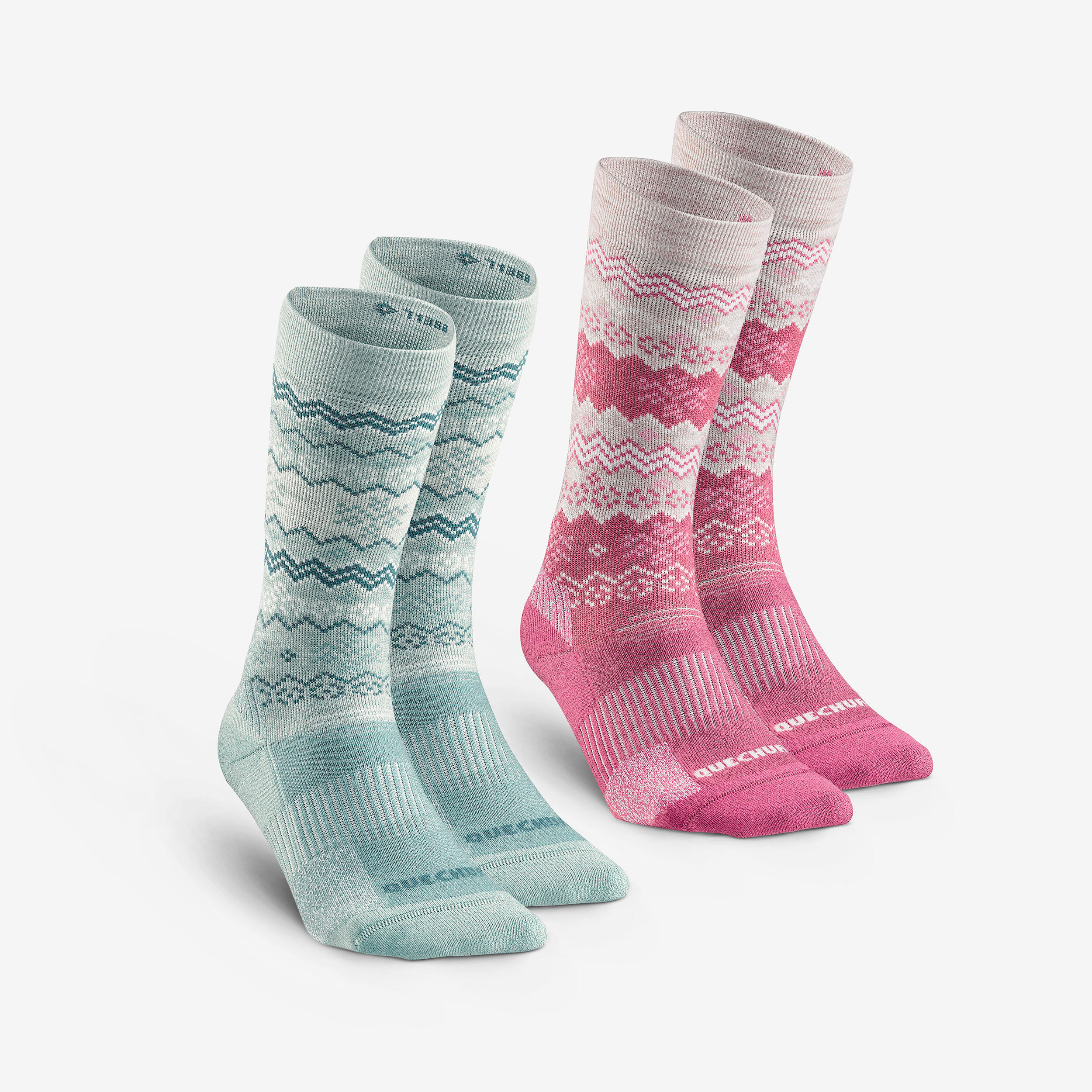Wintersocken Erwachsene halbhoch Winterwandern - SH500 Doppelpack rosa/grün