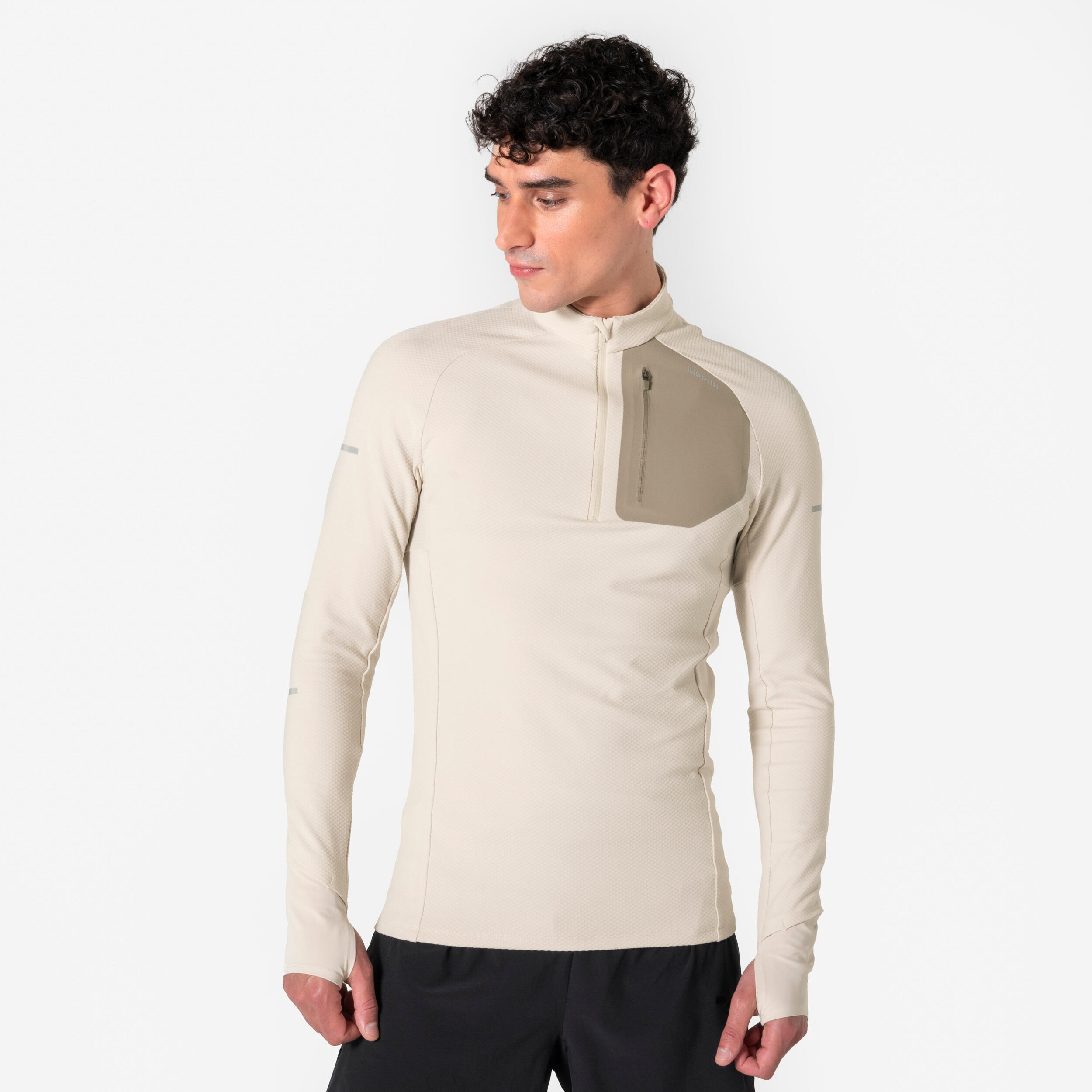Laufshirt langarm Herren mit 1/2 Reißverschluss - Run 900 Warm beige