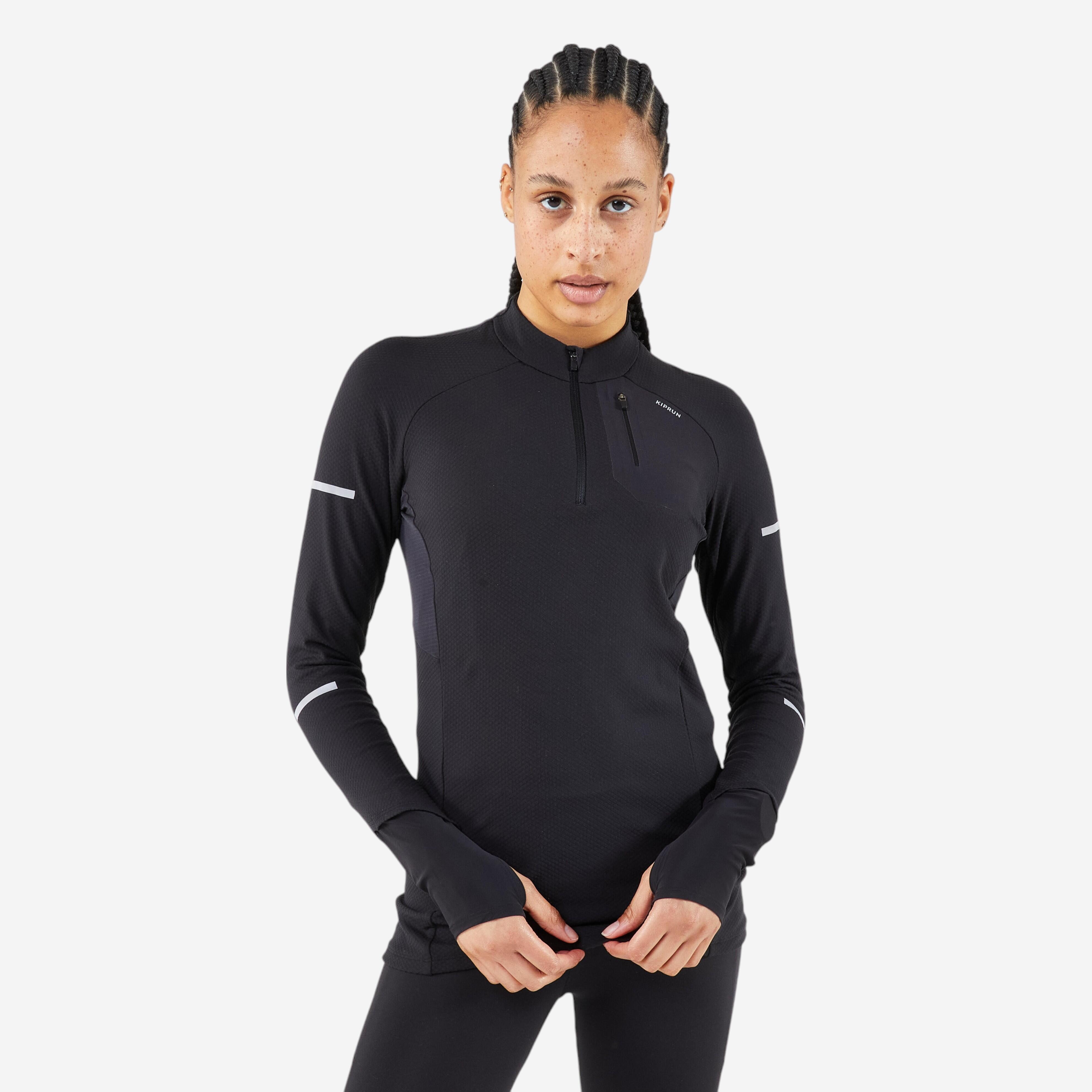 Laufshirt langarm Damen 1/2 Reißverschluss - Run 900 Warm schwarz