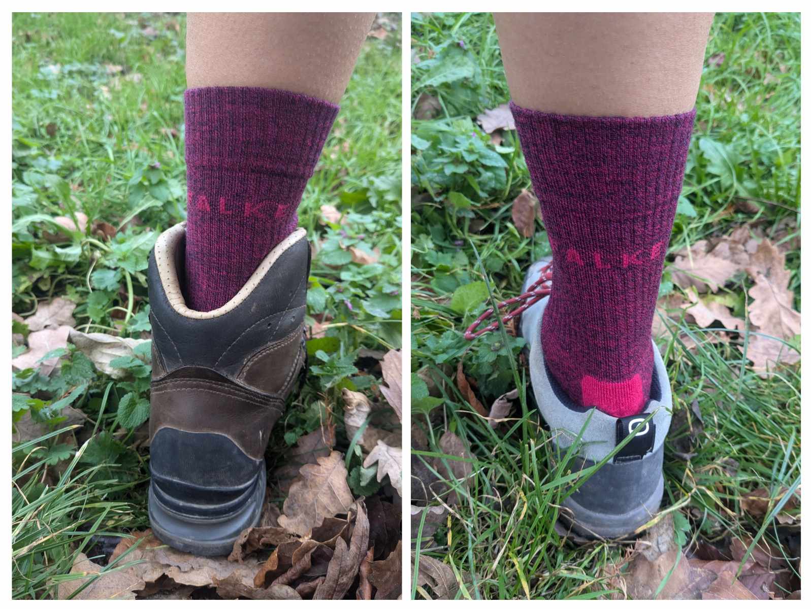 Man sieht die Socken mit Stiefeln und Halbschuhen