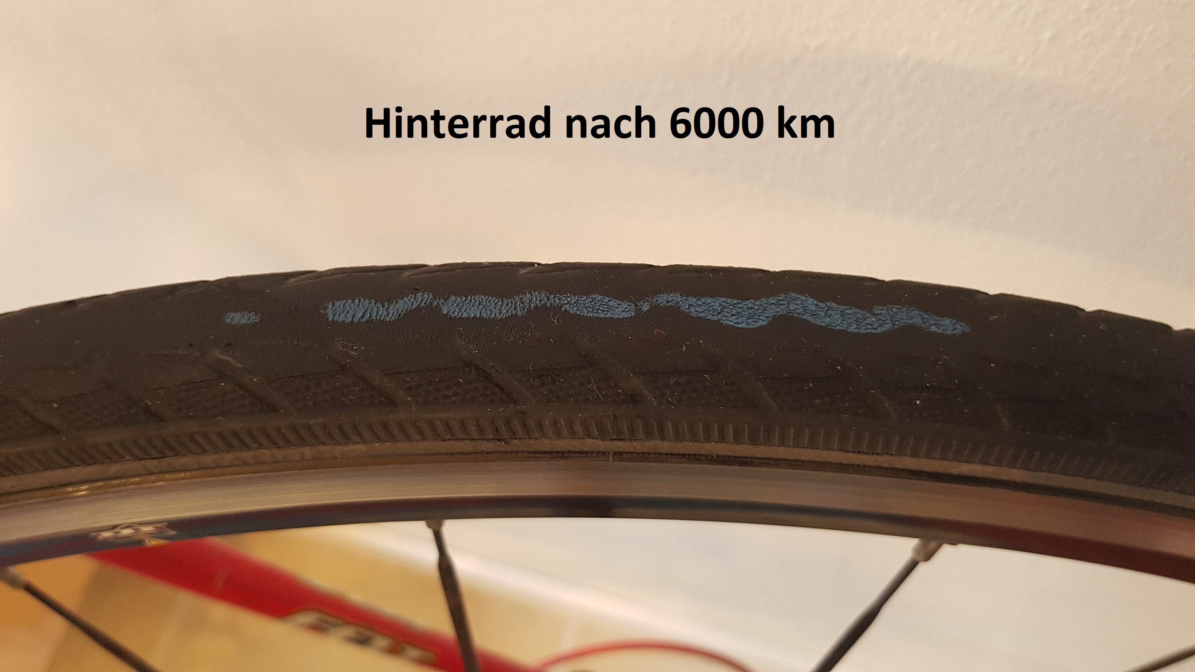 durch Vollbremsungen bis auf den Durchstichschutz herunter abgeriebener Hinterreifen