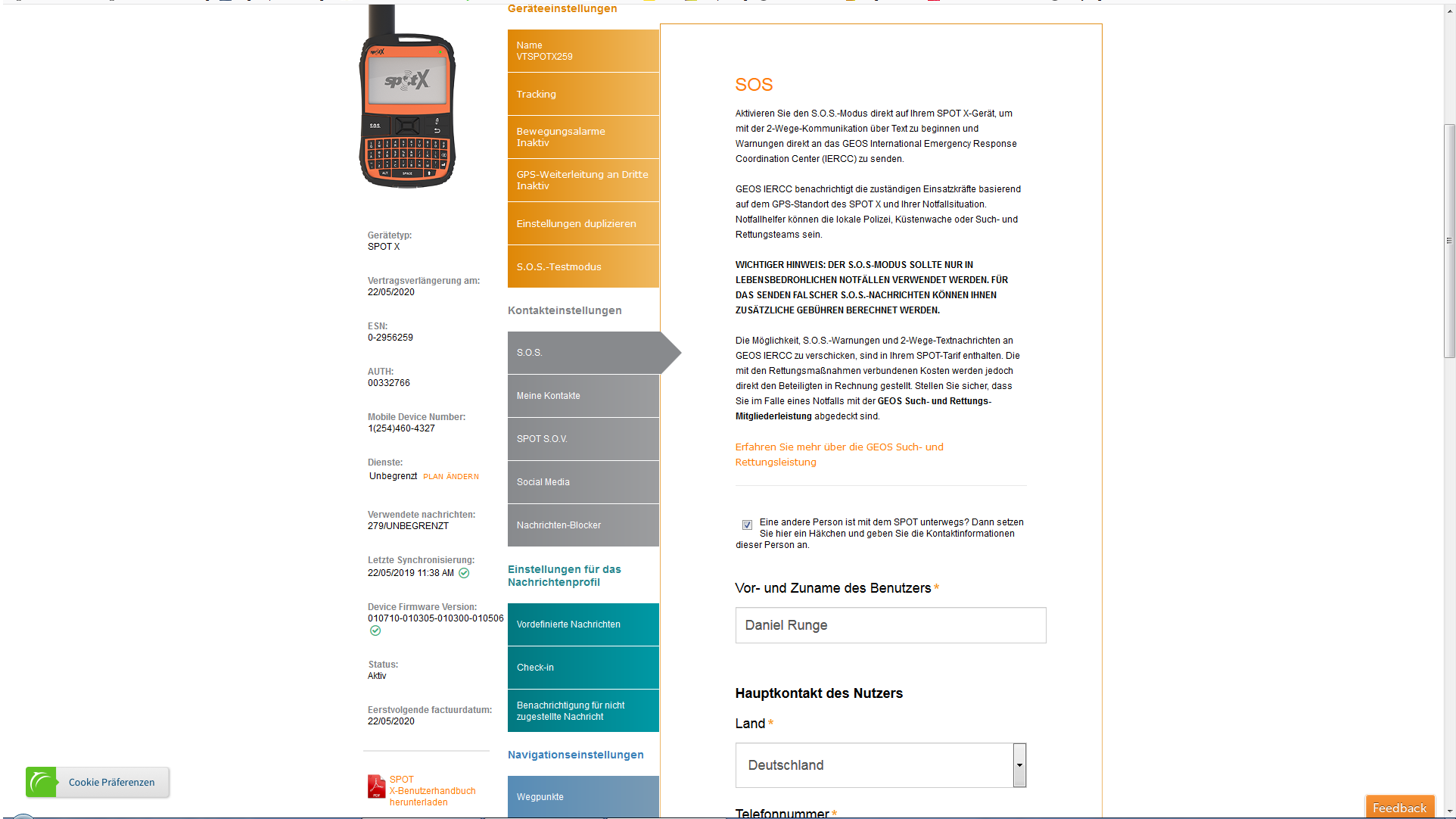 SOS Einstellungen online
