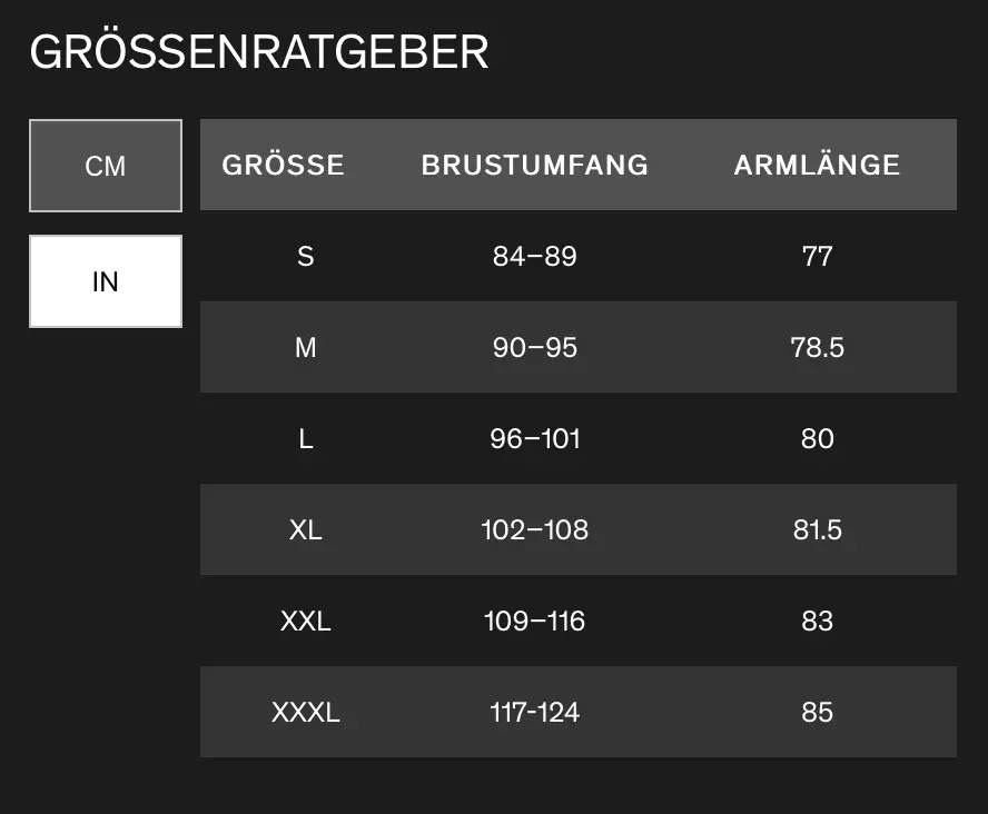 Größentabelle Longsleeve Trikot Gorewear