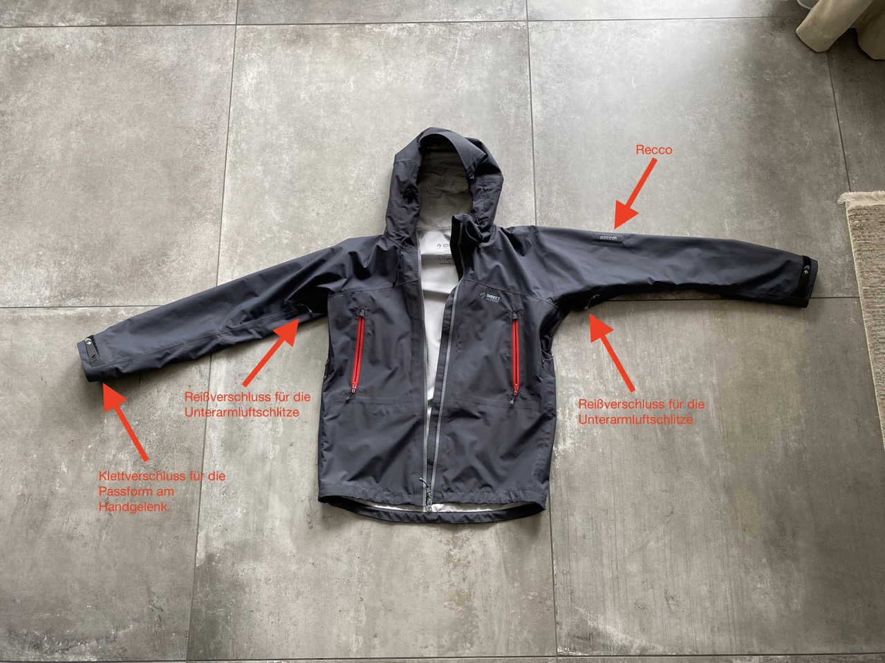 Beschriftete Frontalansicht der Jacke