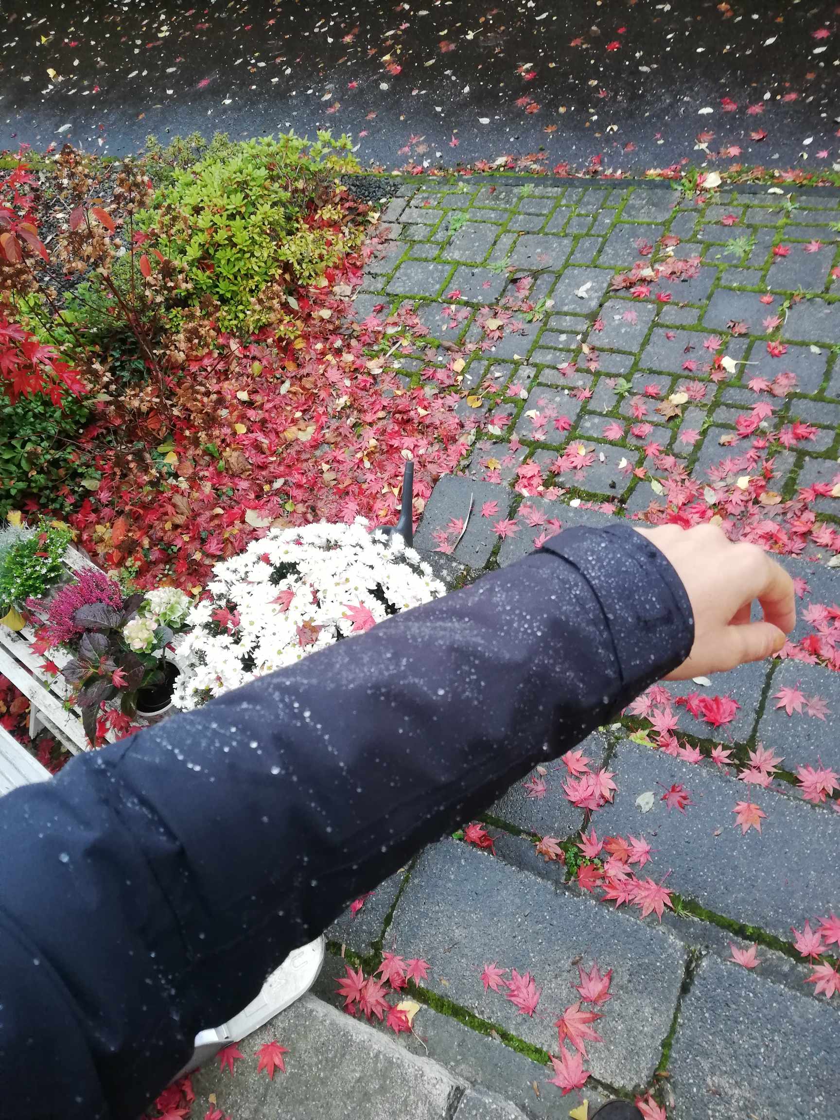 Man sieht den Ärmel mit Regen drauf