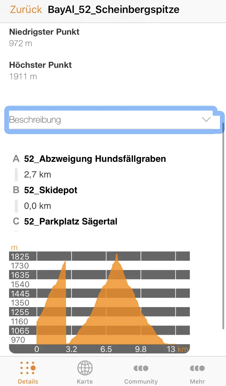 Die Wegpunkte und Höhenprofil in der alpenvereinsapp
