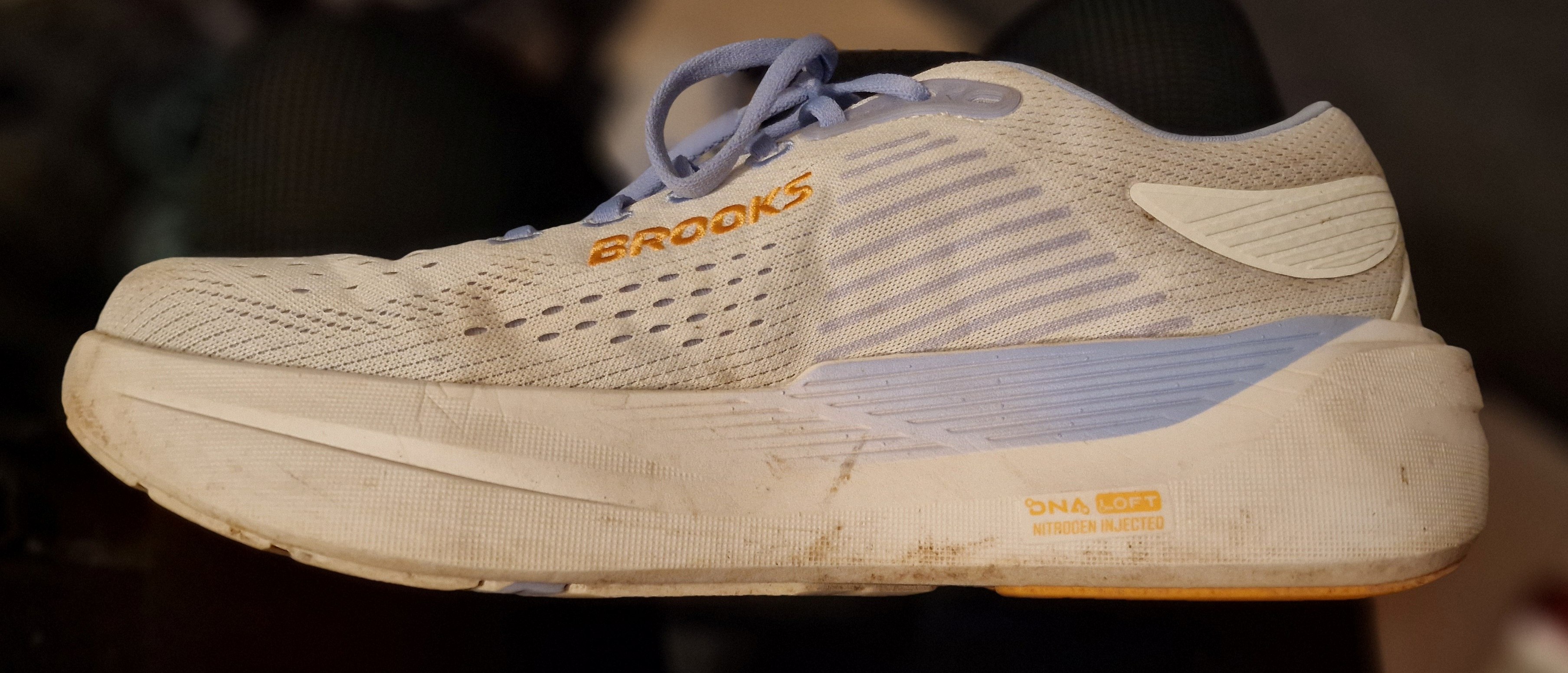 Trotz der hellen Farben und einen sechswöchigen Testzeitraum auch bei nassem Wetter weist der Schuh nur wenig Verschmutzungen auf.