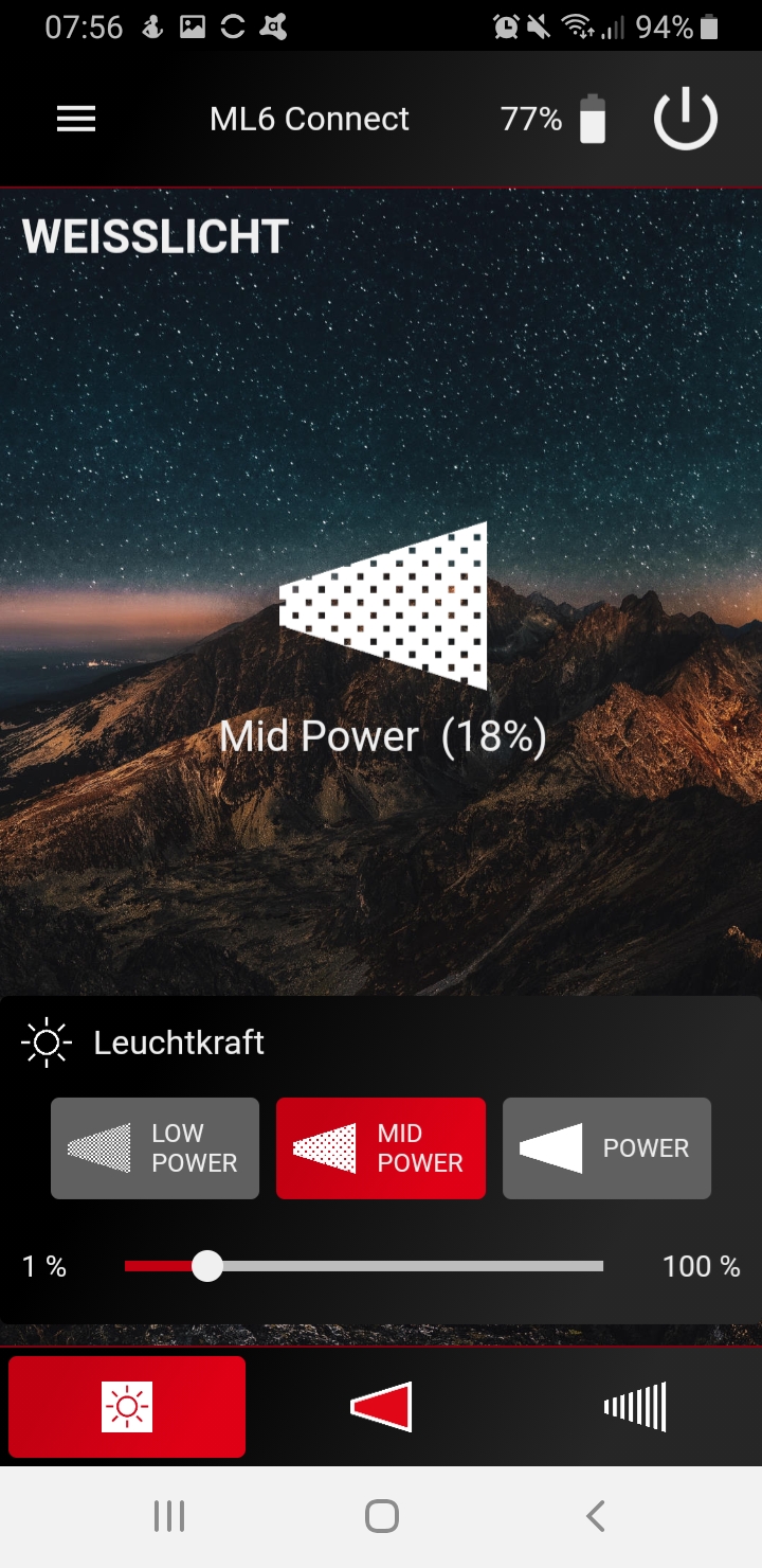 Screenshot der App bzgl. der Leuchtkraft Leuchtmodi (Pulse)