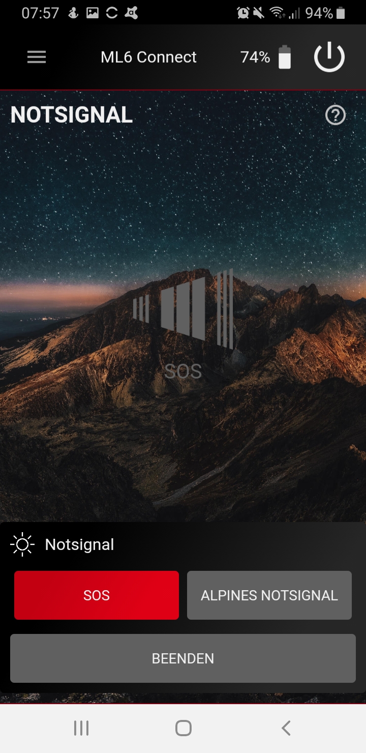 Screenshot der App bzgl. Notsignale
