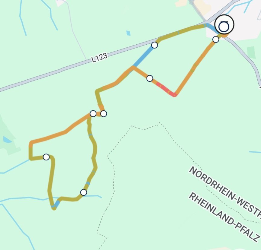 Fur den 1.TestLauf habe ich eine 5 km Strecke mit wechselnden Untergründen gewählt: Asphalt, Gras, Schotter mit Sand, verfestigte Feldwege mit harten Boden und Grasflächen.