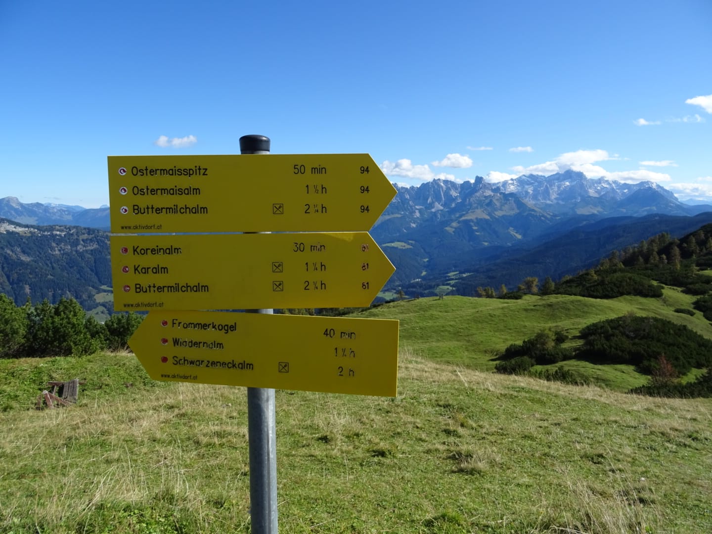 Wegweiser entlang des Weges mit verschiedenen Wandermöglichkeiten