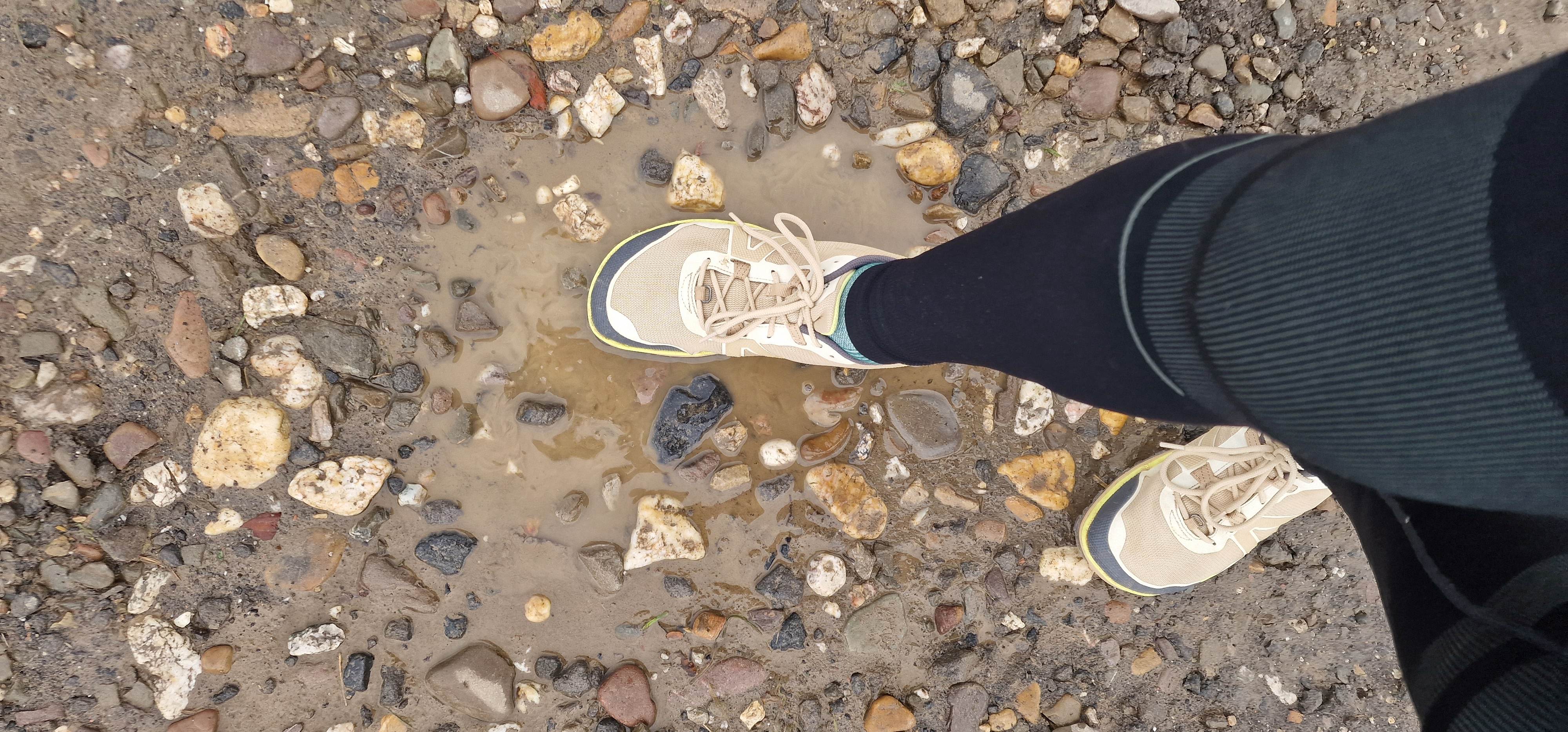 Natürlich bleiben die Füße nicht vollkommen trocken, aber mit Feuchtigkeit und Nieselregen kommen die Xeroshoes sehr gut zurecht.