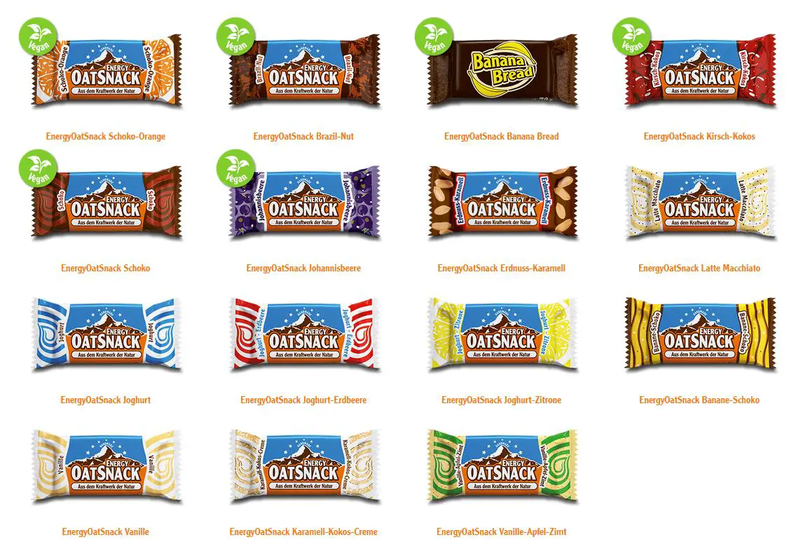 Darstellung aller Oatsnack Riegel in deren Verpackung