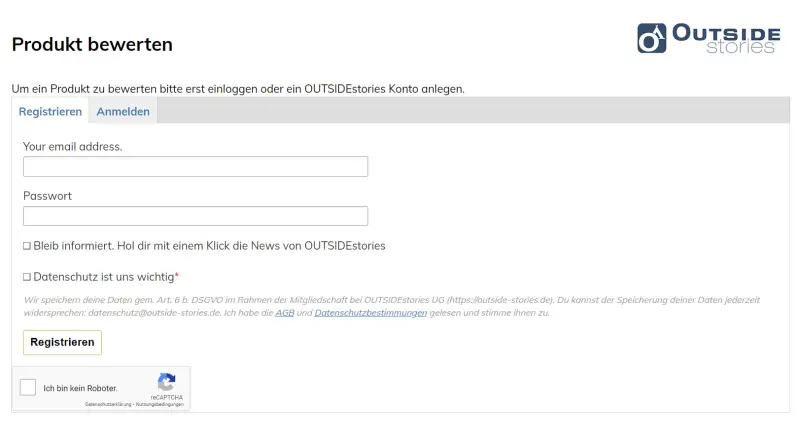 Bevor man bewerten kann, muss man sich bei OUTSIDEstories registrieren