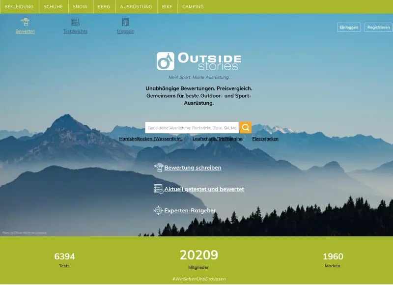 Die Homepage der Bewertungs-Plattform OUTSIDEstories outside-stories.de für Sport- und Outdoor-Ausrüstung