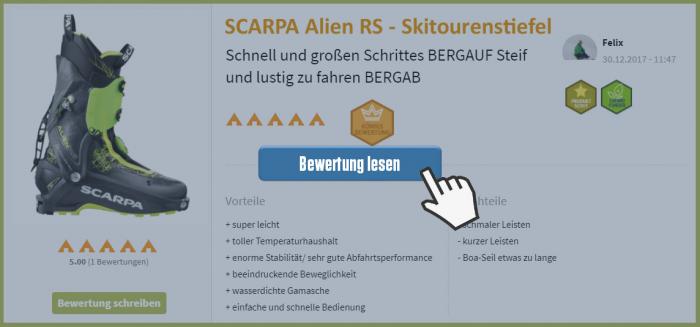 Klick auf's Bild und lies welche Erfahrungen unsere ProduktScouts mit dem Scarpa Alien RS gemacht haben.