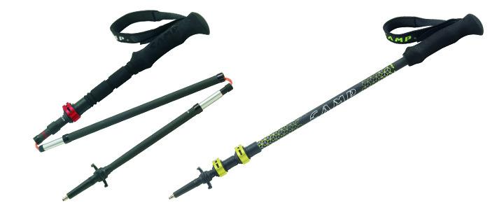 Die C.A.M.P. Carbon Mix Stöcke sind mit Clip ausgestattet, und lassen sich durch 5 Segmente von 110 bis 130 Zentimeter verstellen. Im zusammengefalteten Zustand liegt das Packmaß des Teleskopstockes Backcountry Carbon Mix bei 64 Zentimeter, während der Faltstock Carbon Mix nur 36 Zentimeter aufweißt.