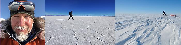 Jerome Blösser durchquert mit seinen Gruppen auch den Salar de Uyuni in Bolivien und erforscht die Eiswüste Grönlands.