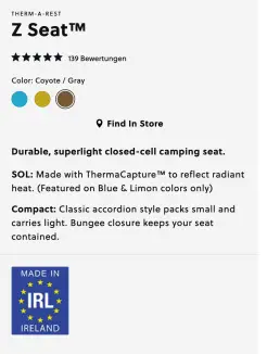 Limon und Blue mit ThermaCapture™ Beschichtung. Quelle Hersteller: https://cascadedesigns.com/de-eu/products/z-seat?variant=41336543150214