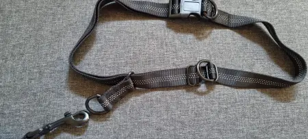 Der Bauchgurt hat drei Sicherungsösen für den Karabiner der Hundeleine. Dabei ist einer der Ösen an einem flexiblen Führungsgurt, für mehr Bewegungsfreiheit des Hundes.