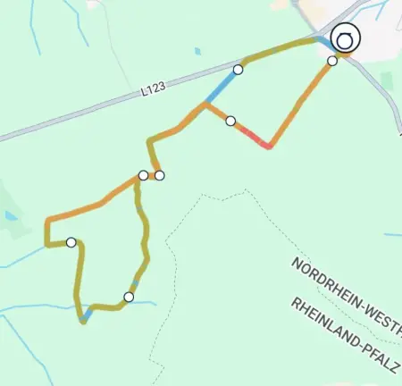 Fur den 1.TestLauf habe ich eine 5 km Strecke mit wechselnden Untergründen gewählt: Asphalt, Gras, Schotter mit Sand, verfestigte Feldwege mit harten Boden und Grasflächen.